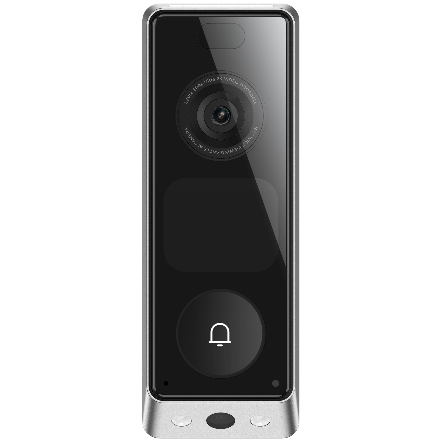 Een zilveren deurbel met camera en belpictogram op zwart scherm.