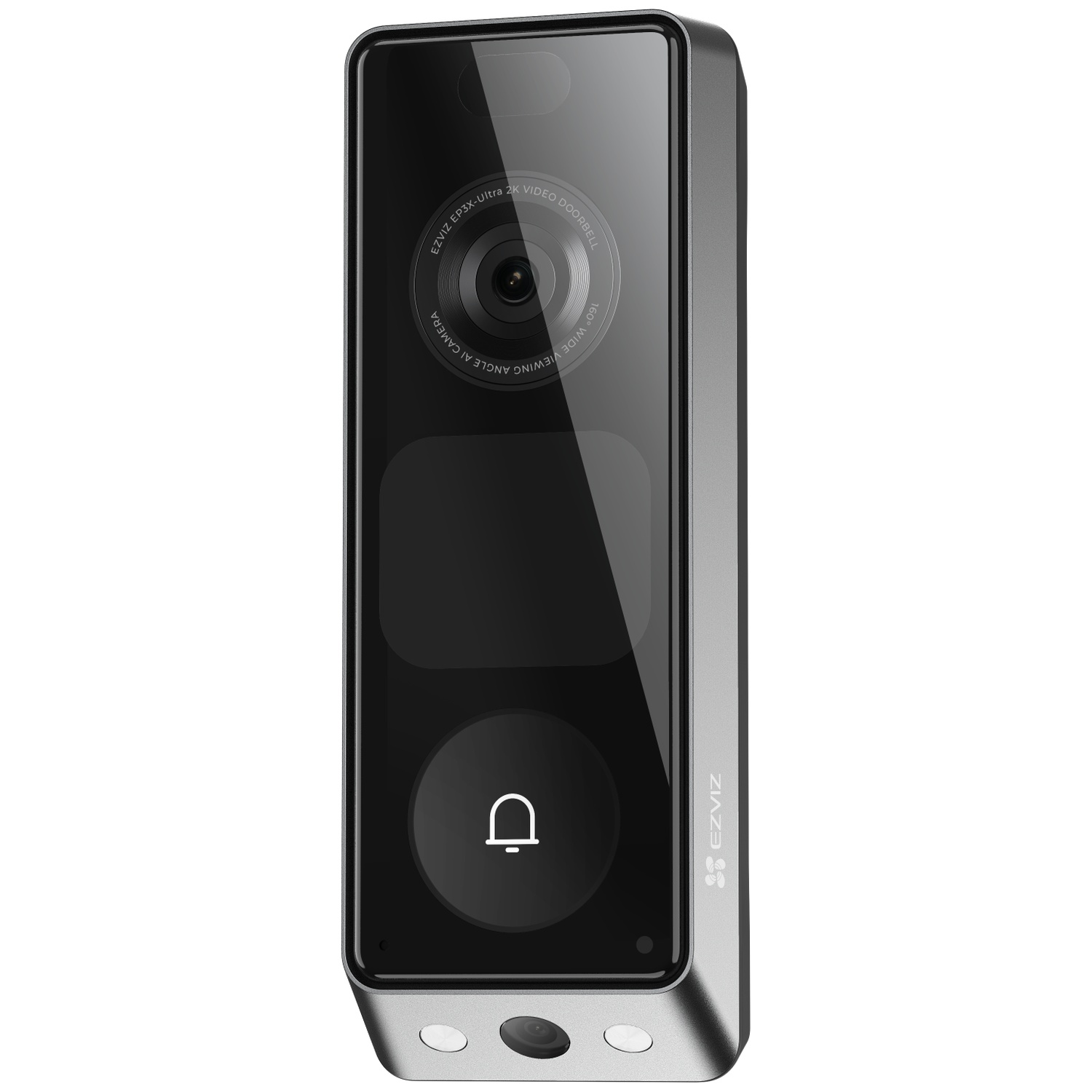 Een zilveren EZVIZ videodeurbel met camera en belknop.