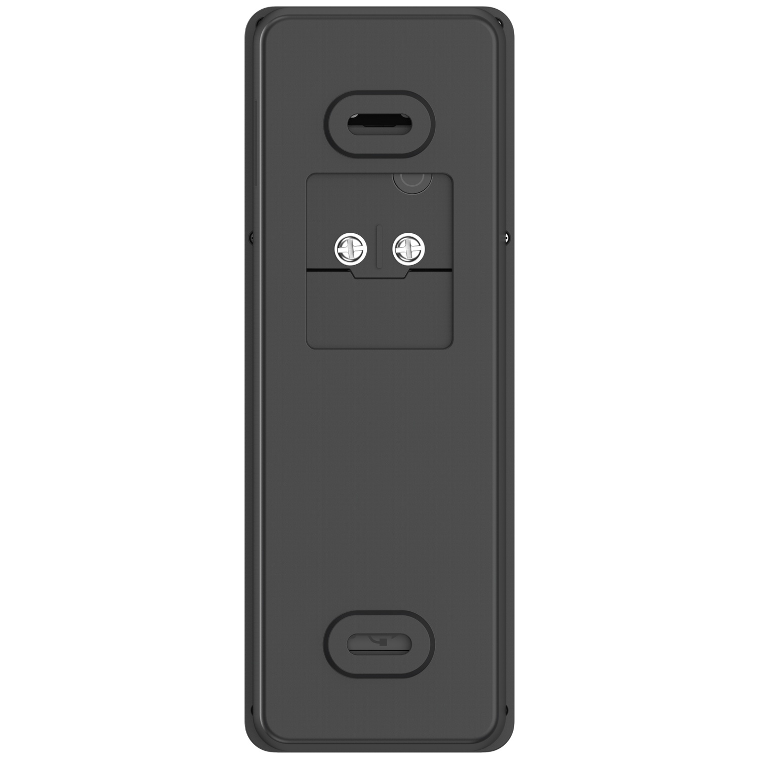 Achterkant van een zwart apparaat met schroefklemmen en USB-C-poort.