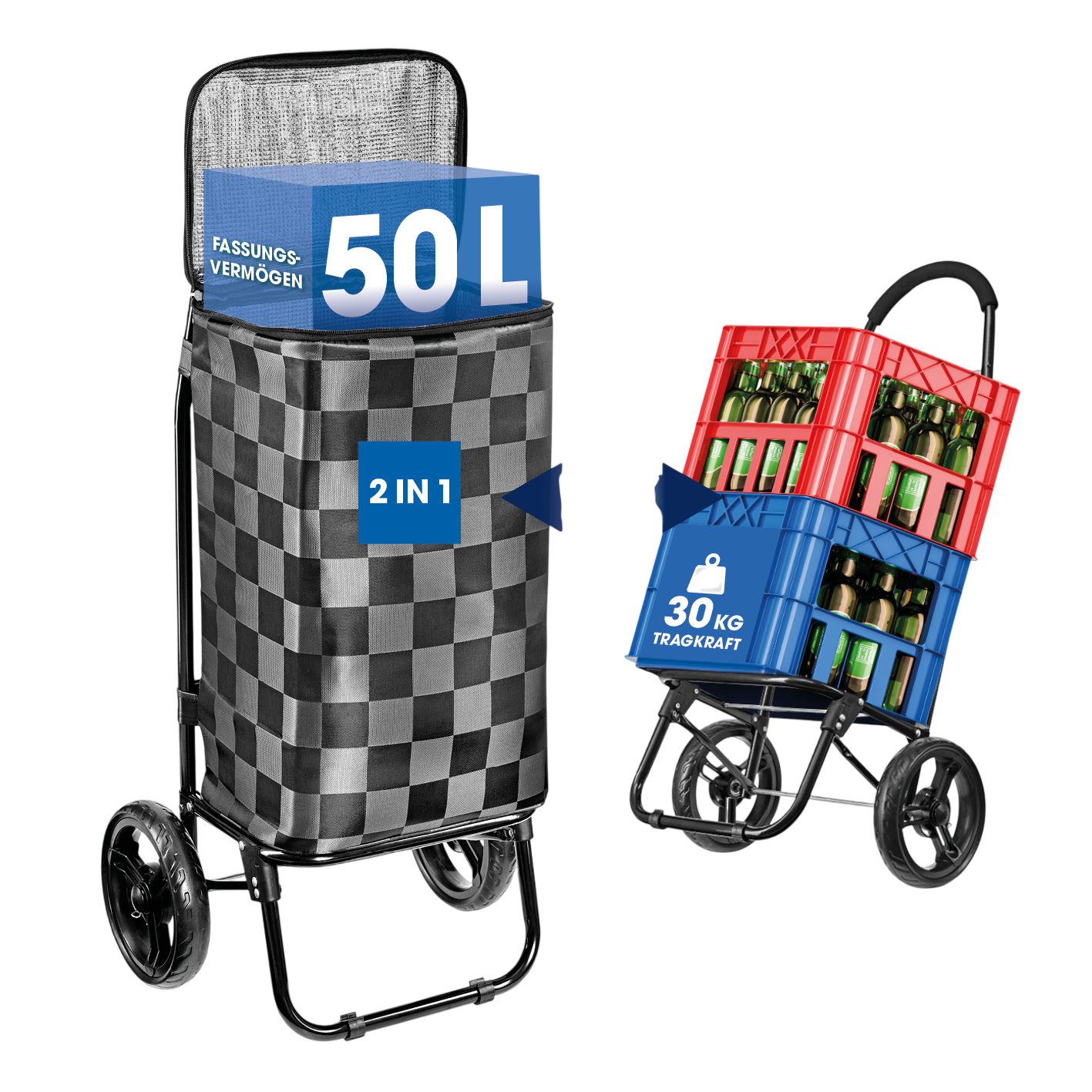 Ein Einkaufswagen mit 50L Fassungsvermögen und ein zweiter Wagen mit 30kg Tragkraft, beladen mit Bierkisten.