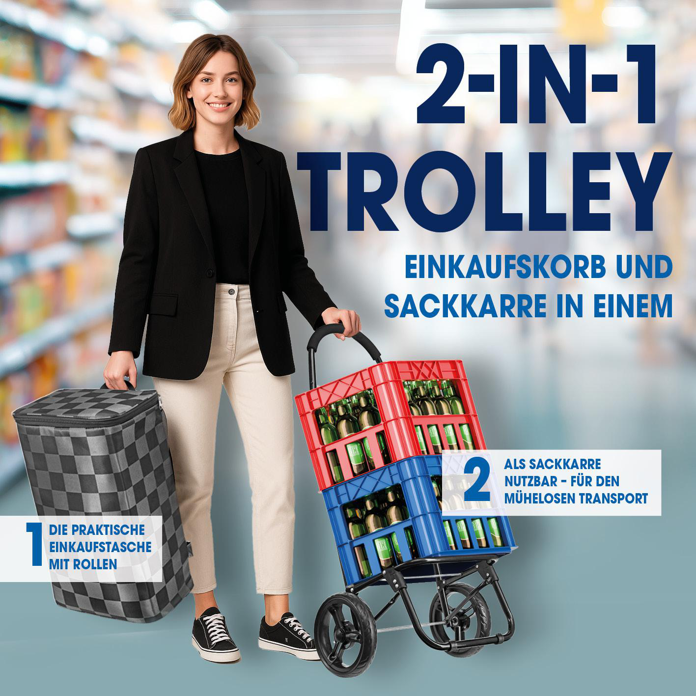Frau mit einem Trolley und einer Einkaufstasche, gefüllt mit Bierkisten.