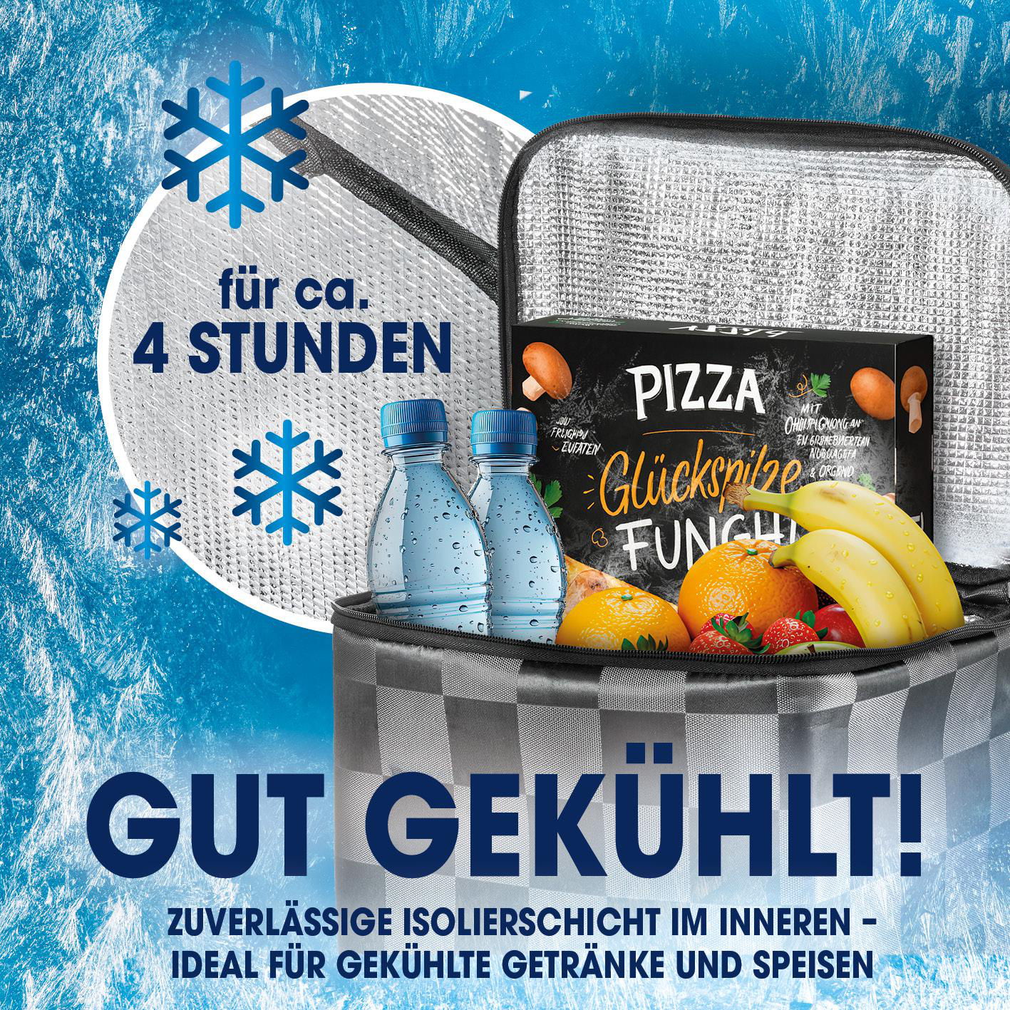 Kühltasche mit Pizza, Obst, Flaschen & Eisblumen-Deko. Hält 4 Stunden.