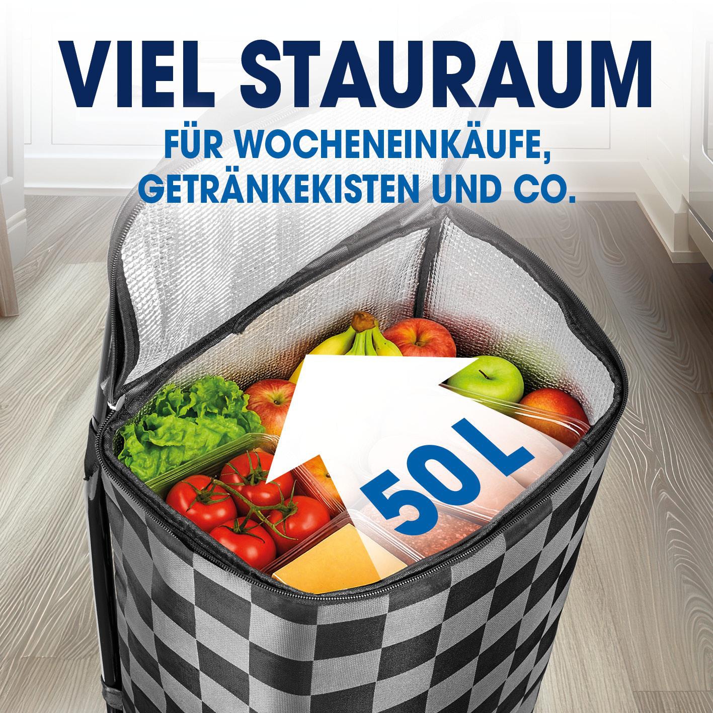 Gefüllter Einkaufstrolley mit Obst, Gemüse und Käse. 50L Kapazität.