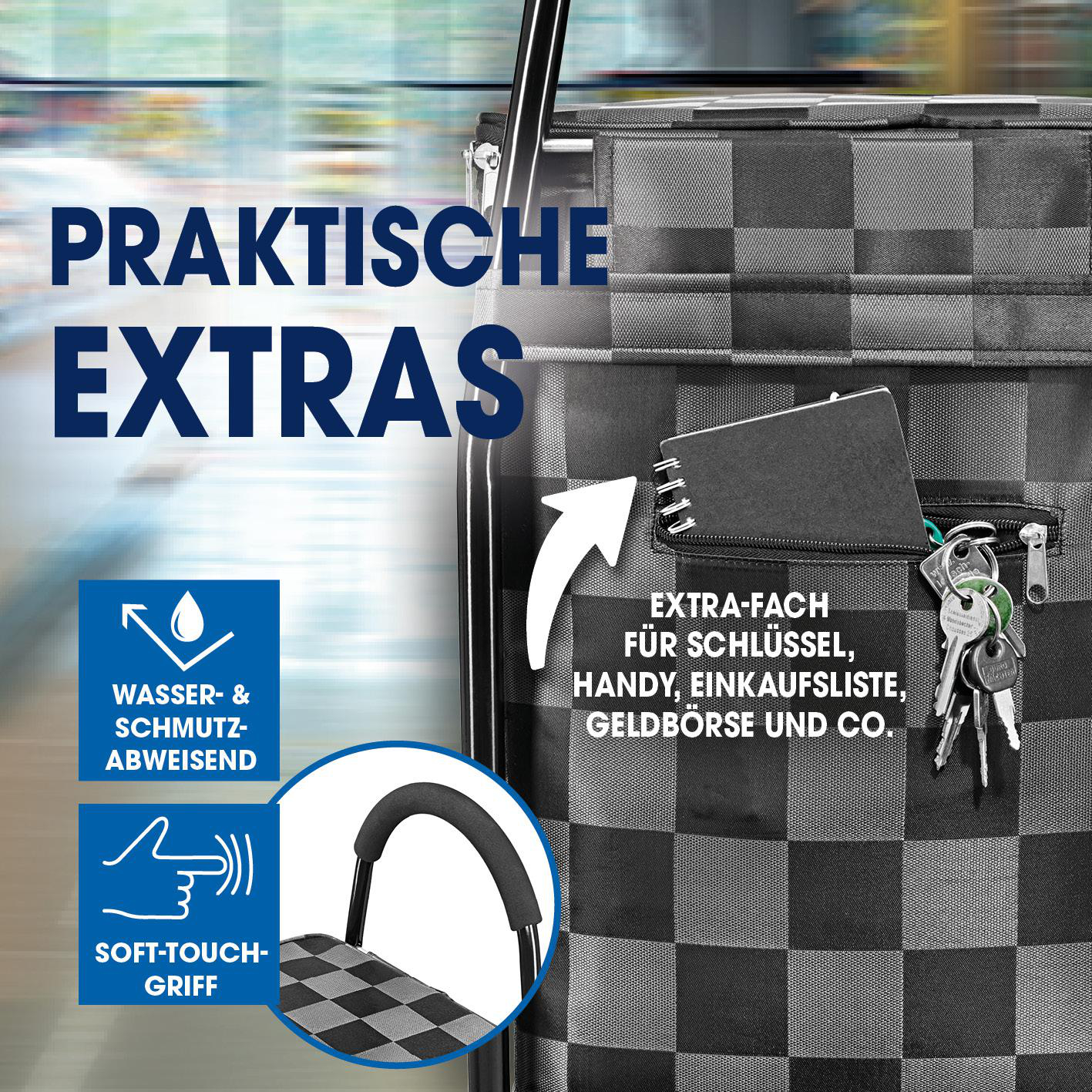Praktische Extras: Wasserabweisend, Soft-Touch-Griff, Extra-Fach für Schlüssel.