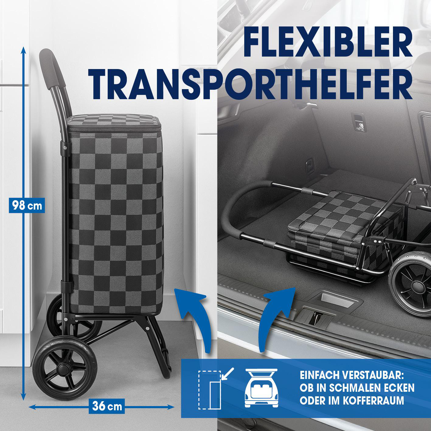 Ein grauer Einkaufstrolley mit Karomuster, 98cm hoch, 36cm breit.