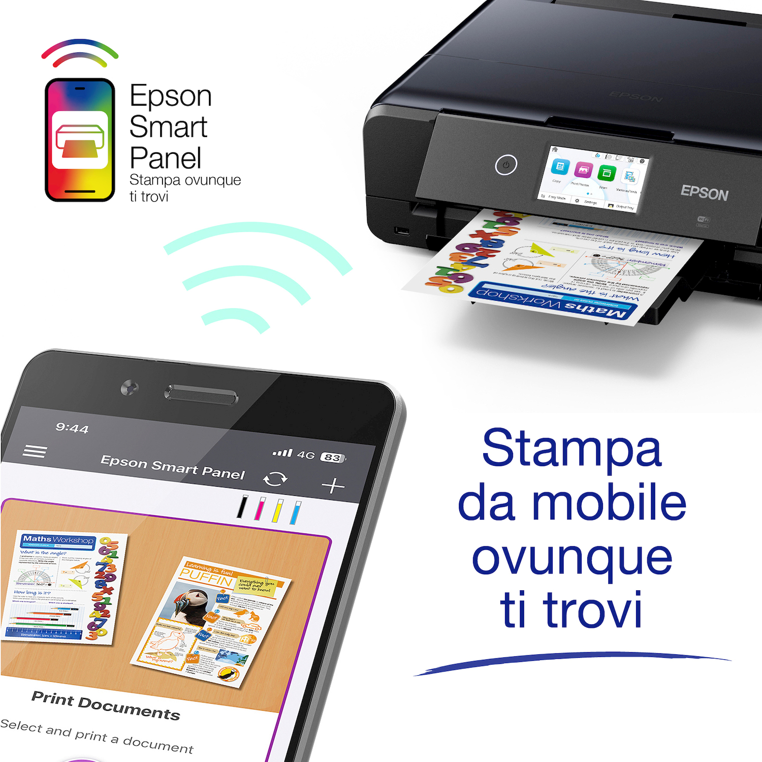 Stampante Epson stampa un foglio. Accanto, uno smartphone mostra l'app Epson Smart Panel.