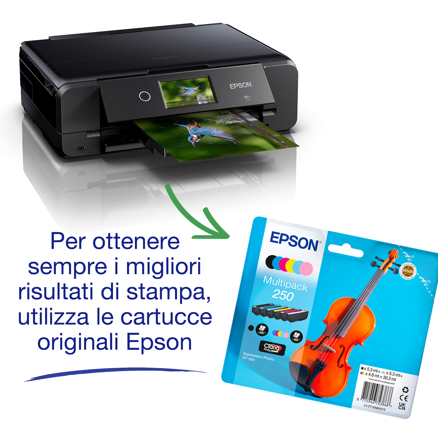 Stampante Epson nera stampa immagine di martin pescatore accanto a confezione di cartucce inchiostro violino.