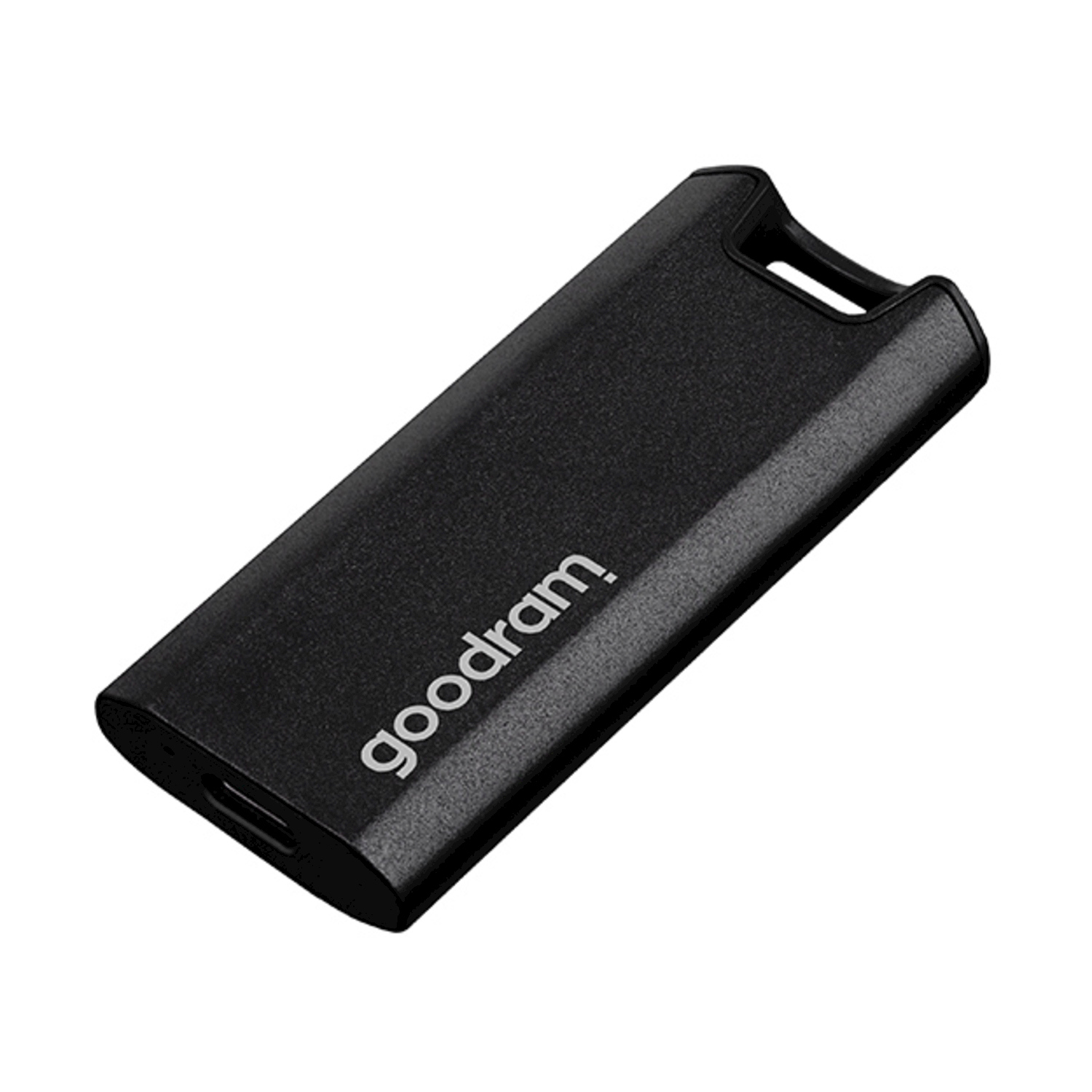 Chiavetta USB nera con logo Goodram e un anello per appenderla.