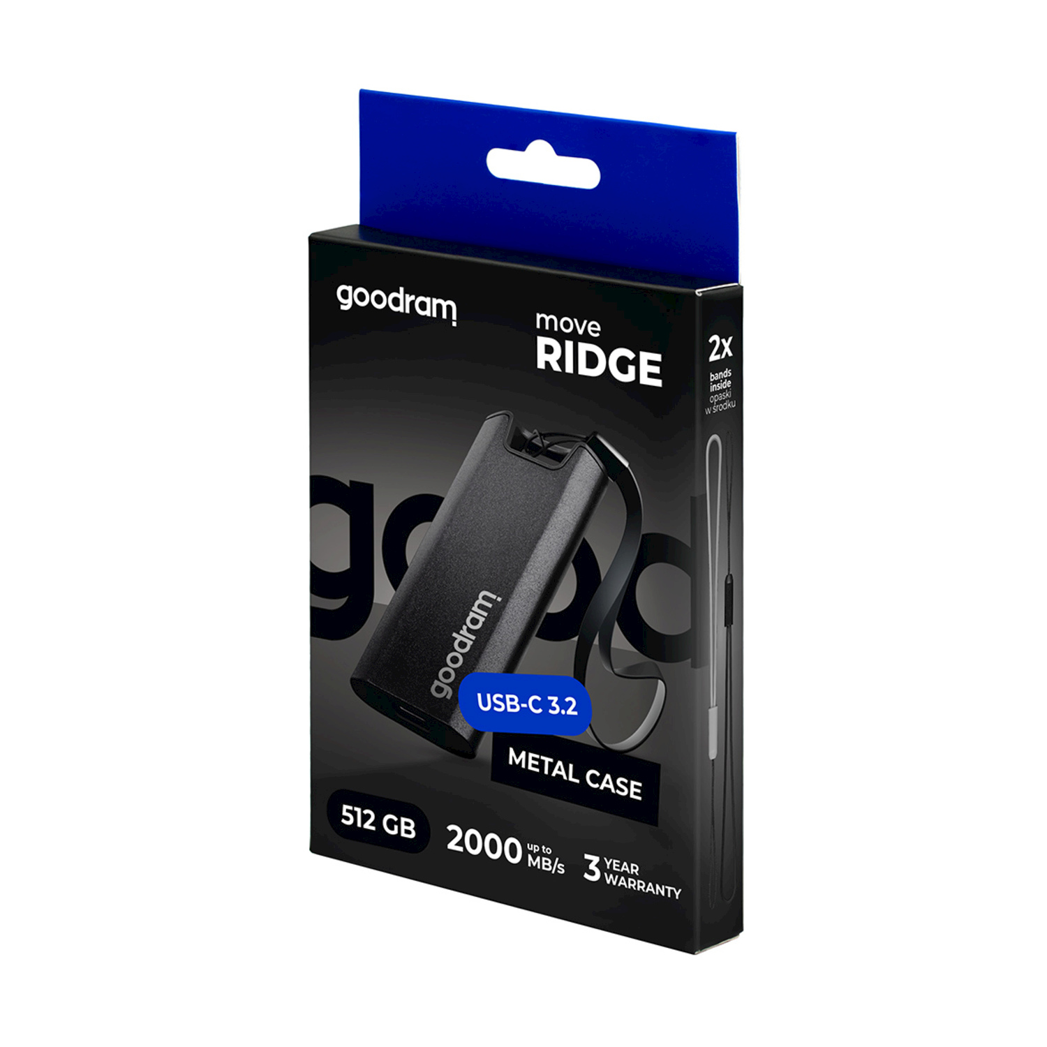 SSD Goodram Move Ridge USB-C 3.2 512GB in case metallico, 2000MB/s, garanzia 3 anni.