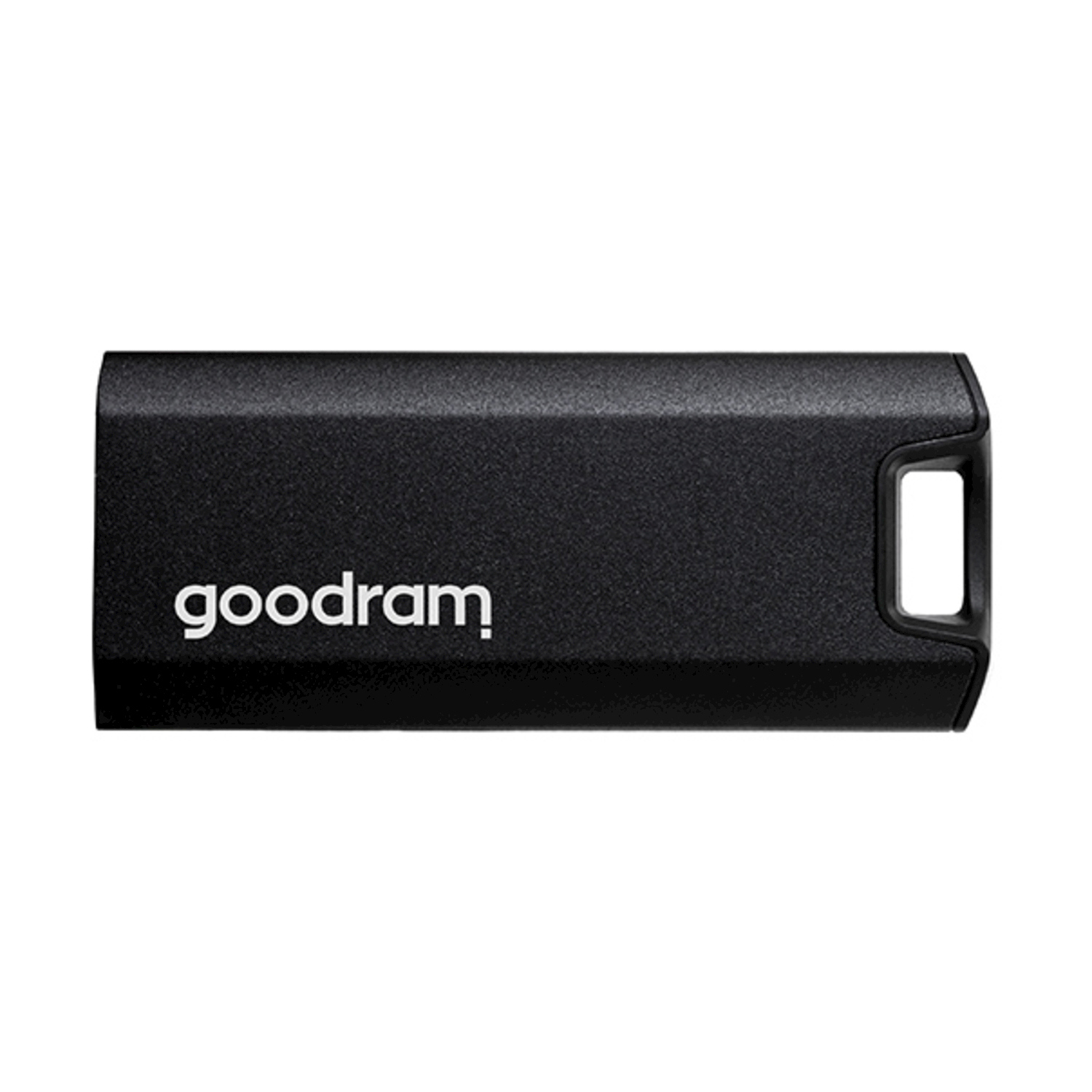 Unità USB nera con logo Goodram. Testo bianco su sfondo nero.