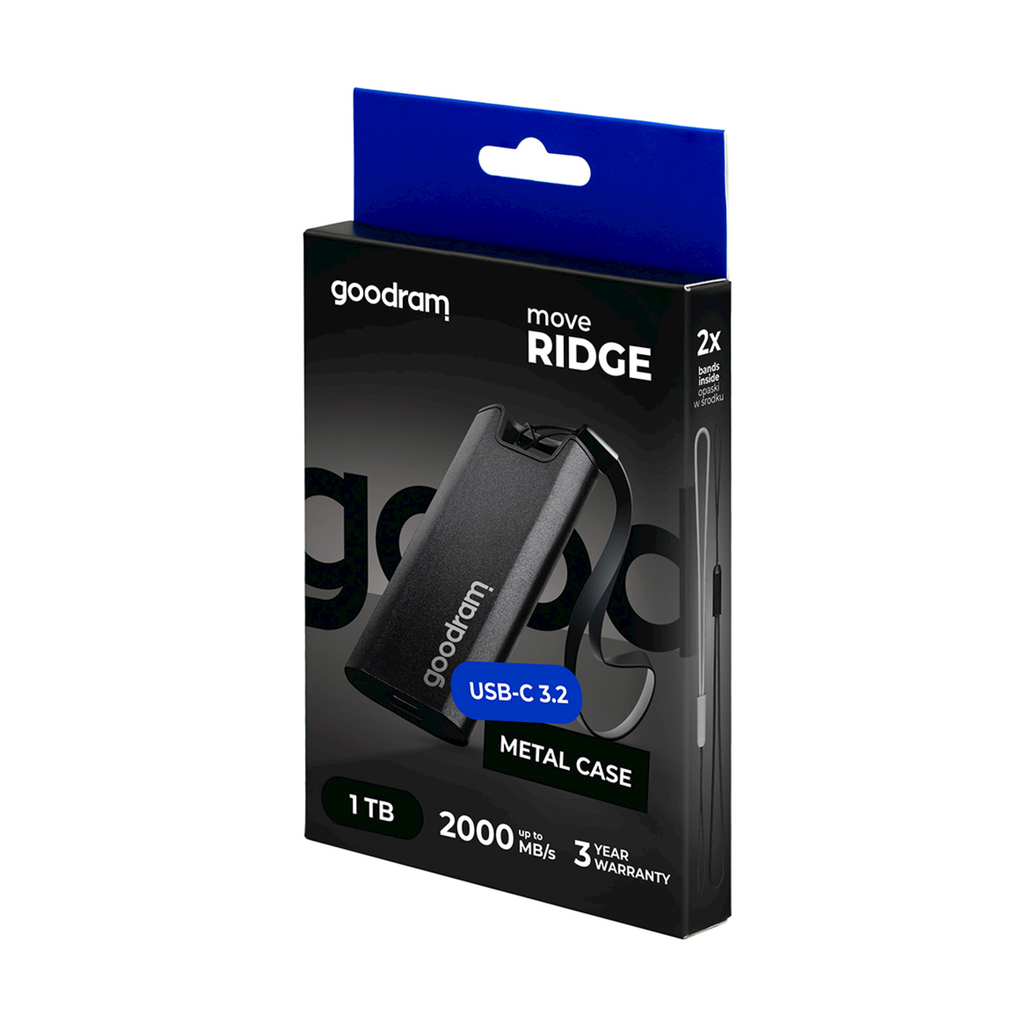 Confezione SSD portatile nero Goodram Move Ridge con capacità di 1 TB e USB-C 3.2.