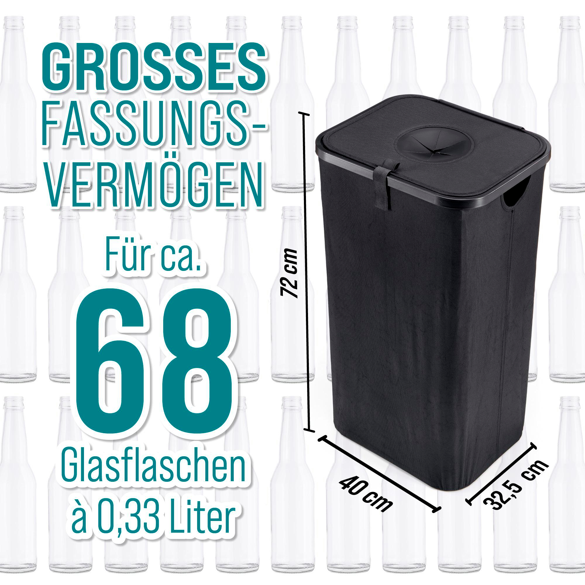 Schwarzer Behälter fasst 68 Glasflaschen von 0,33L. Maße: 72x40x32.5cm.