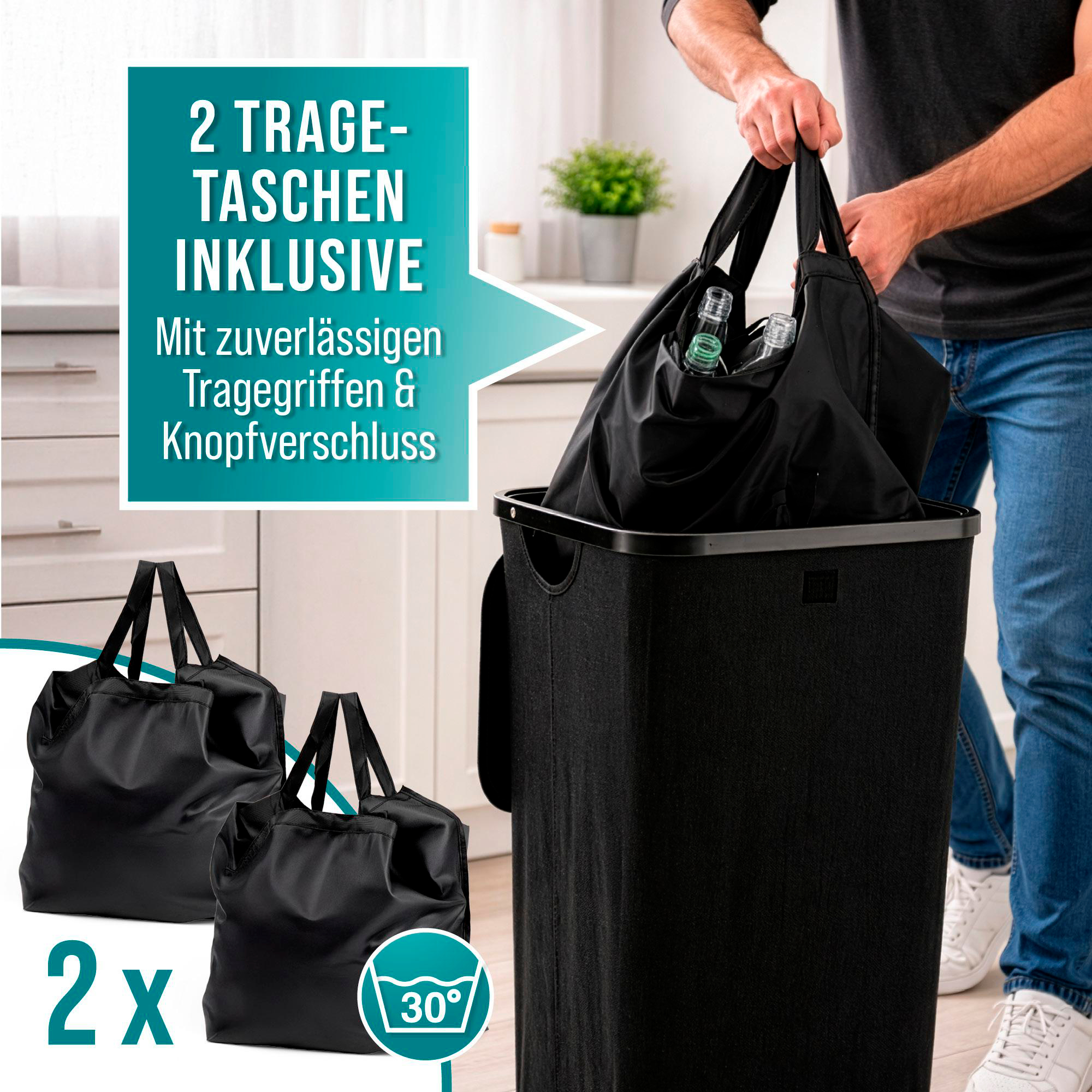 Ein Mann packt eine schwarze Tasche in einen schwarzen Wäschekorb. Zwei weitere Taschen sind zu sehen.