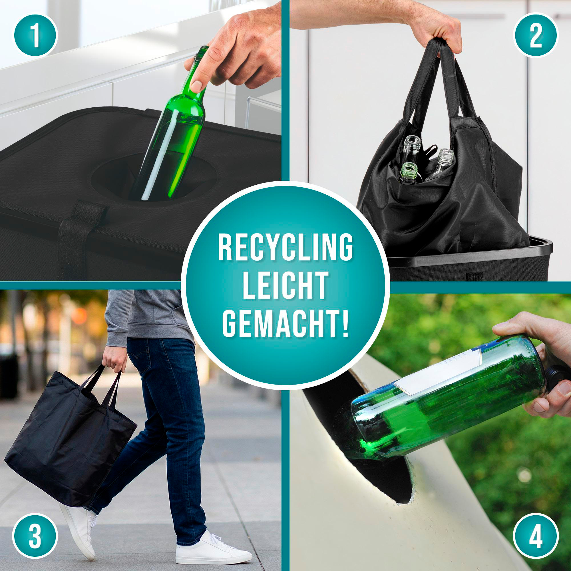 Grüne Flasche wird in schwarzen Behälter geworfen.
