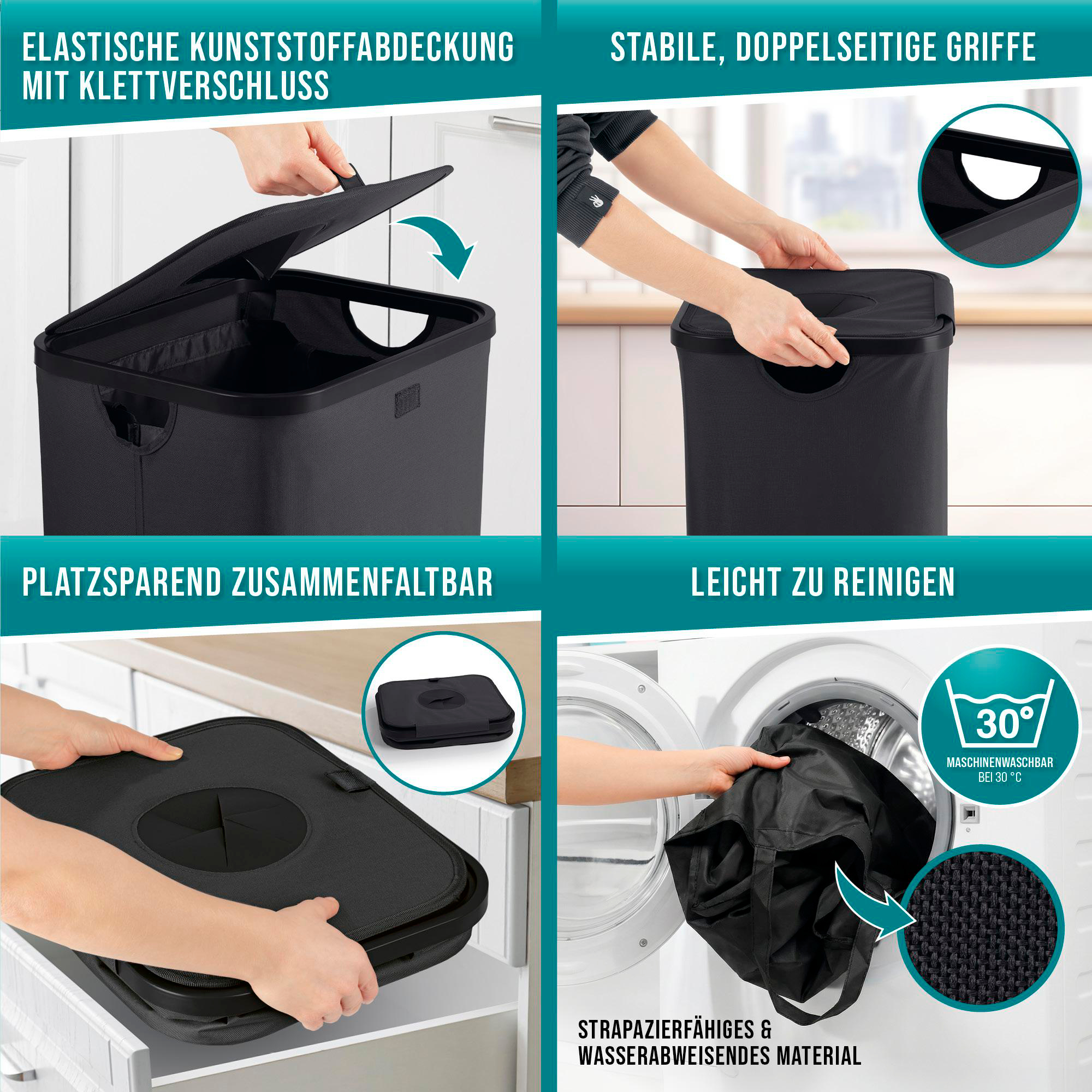 Ein schwarzer Wäschekorb wird gezeigt, zusammenfaltbar, mit Griffen und maschinenwaschbar.