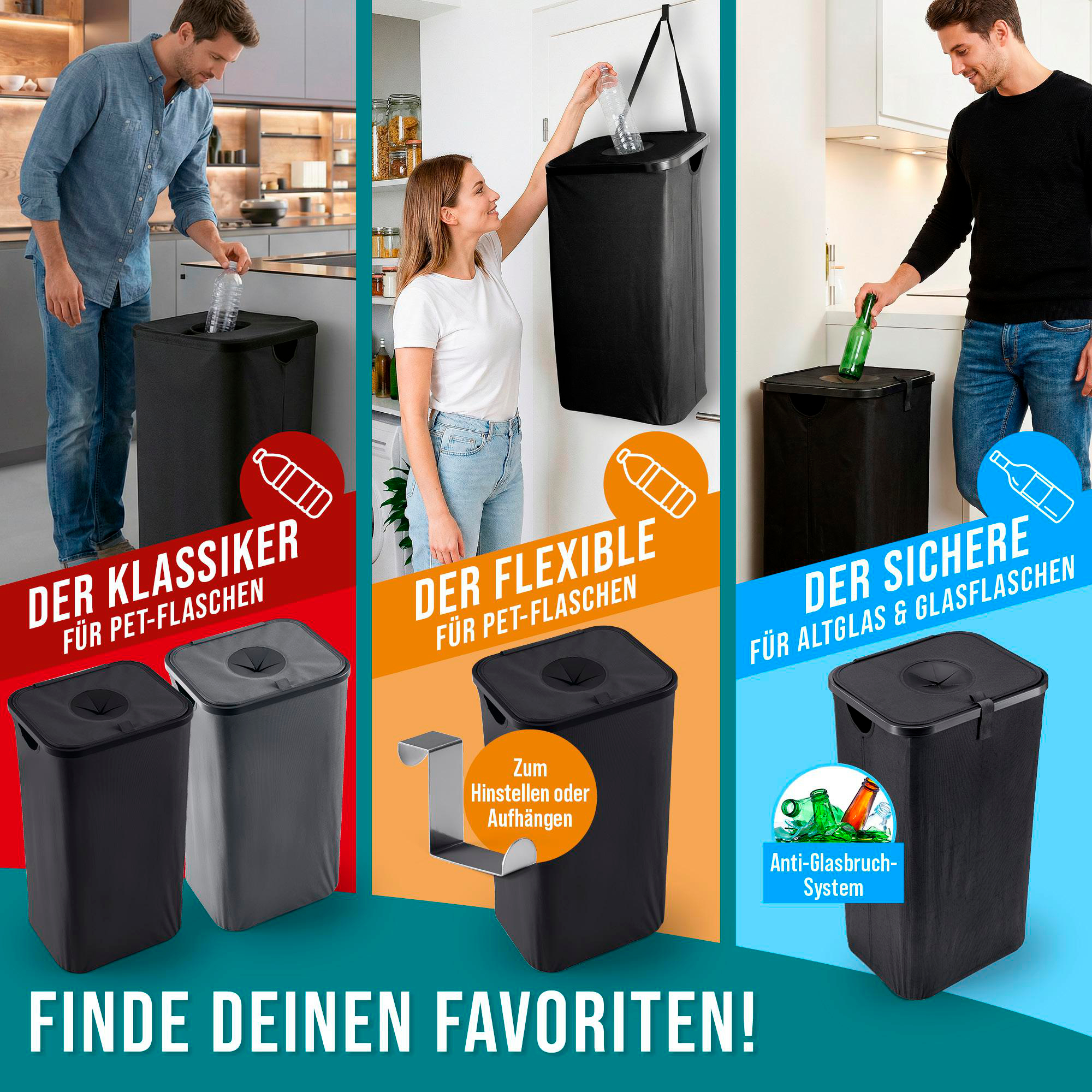 Drei verschiedene Müllbehälter werden gezeigt, einer für PET-Flaschen, einer flexibel, einer für Glas.
