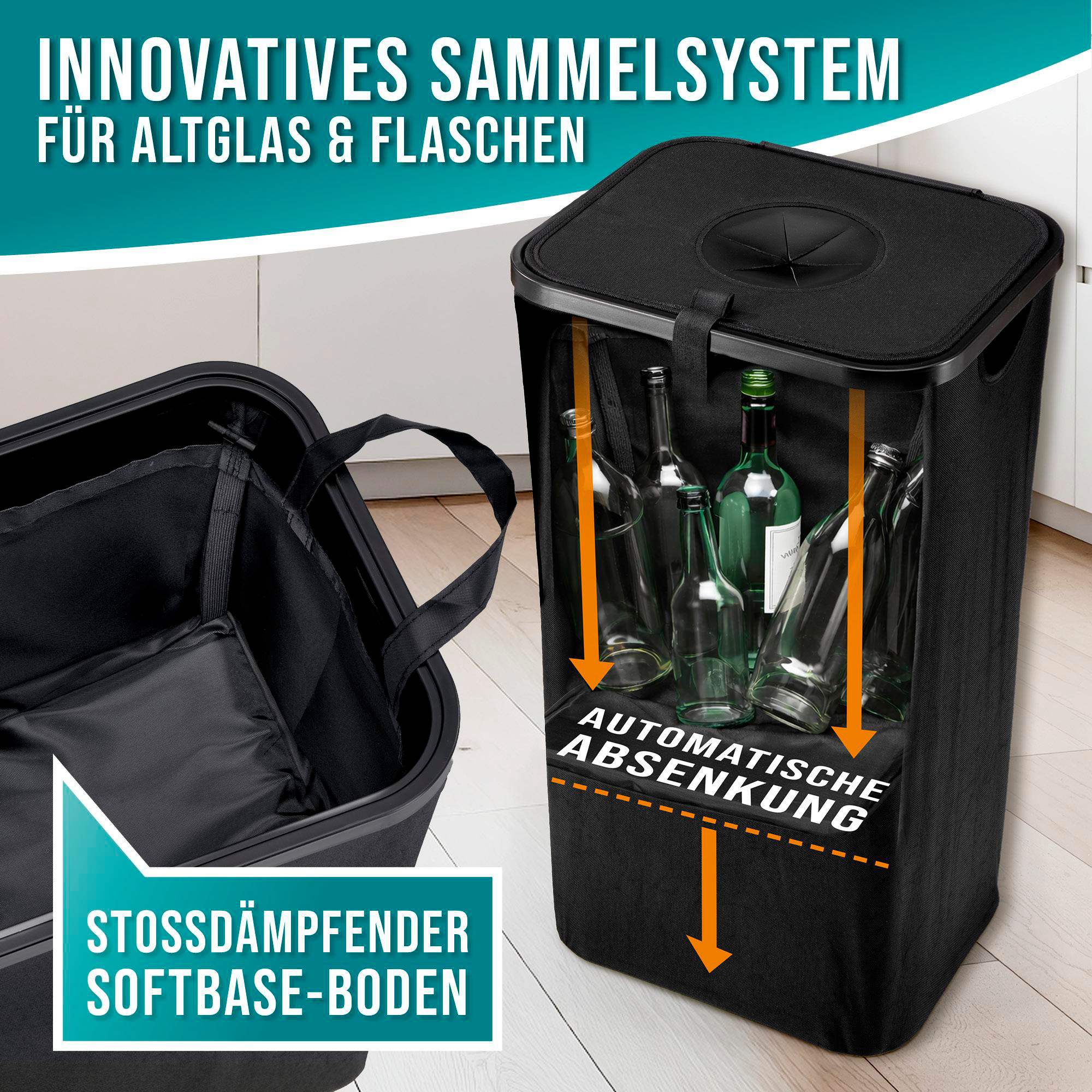 Schwarzer Behälter mit Glasflaschen, mit Pfeilen für automatische Absenkung.