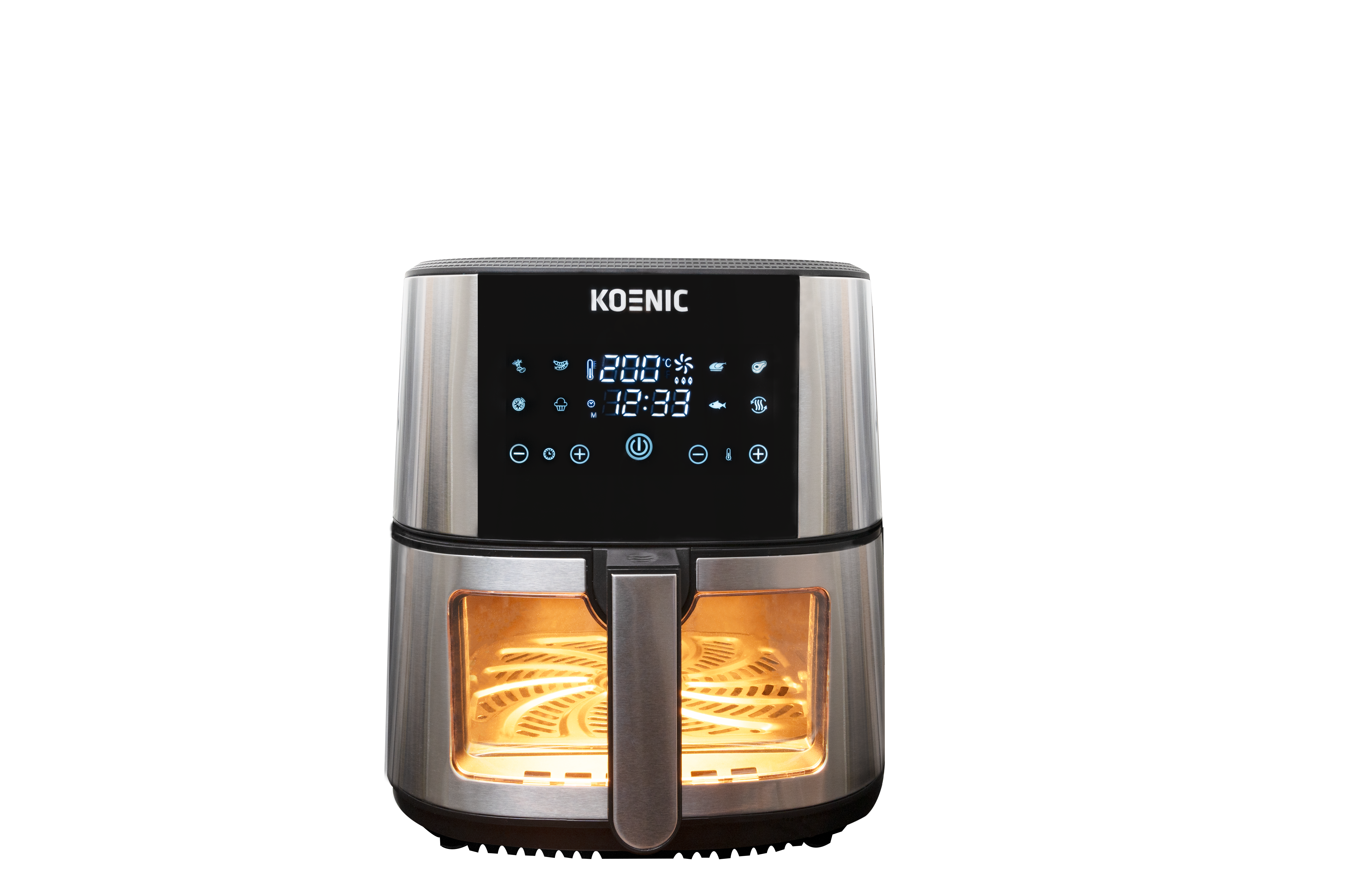 Ein Koenic Heißluftfritteuse mit digitaler Anzeige und beleuchtetem Innenraum.