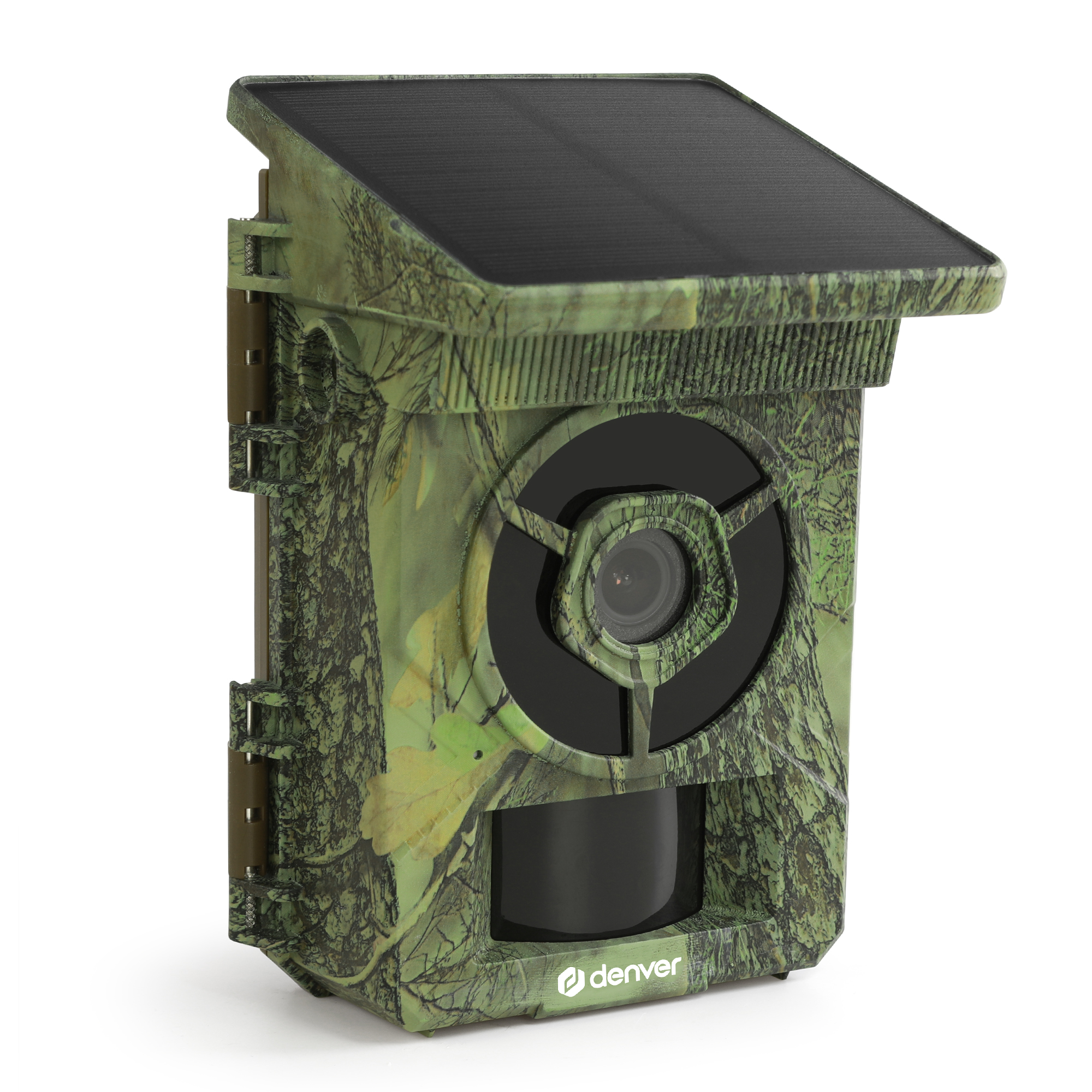 Grüne Tarnkamera mit Solarpanel oben, Linse und PIR-Sensor vorne.