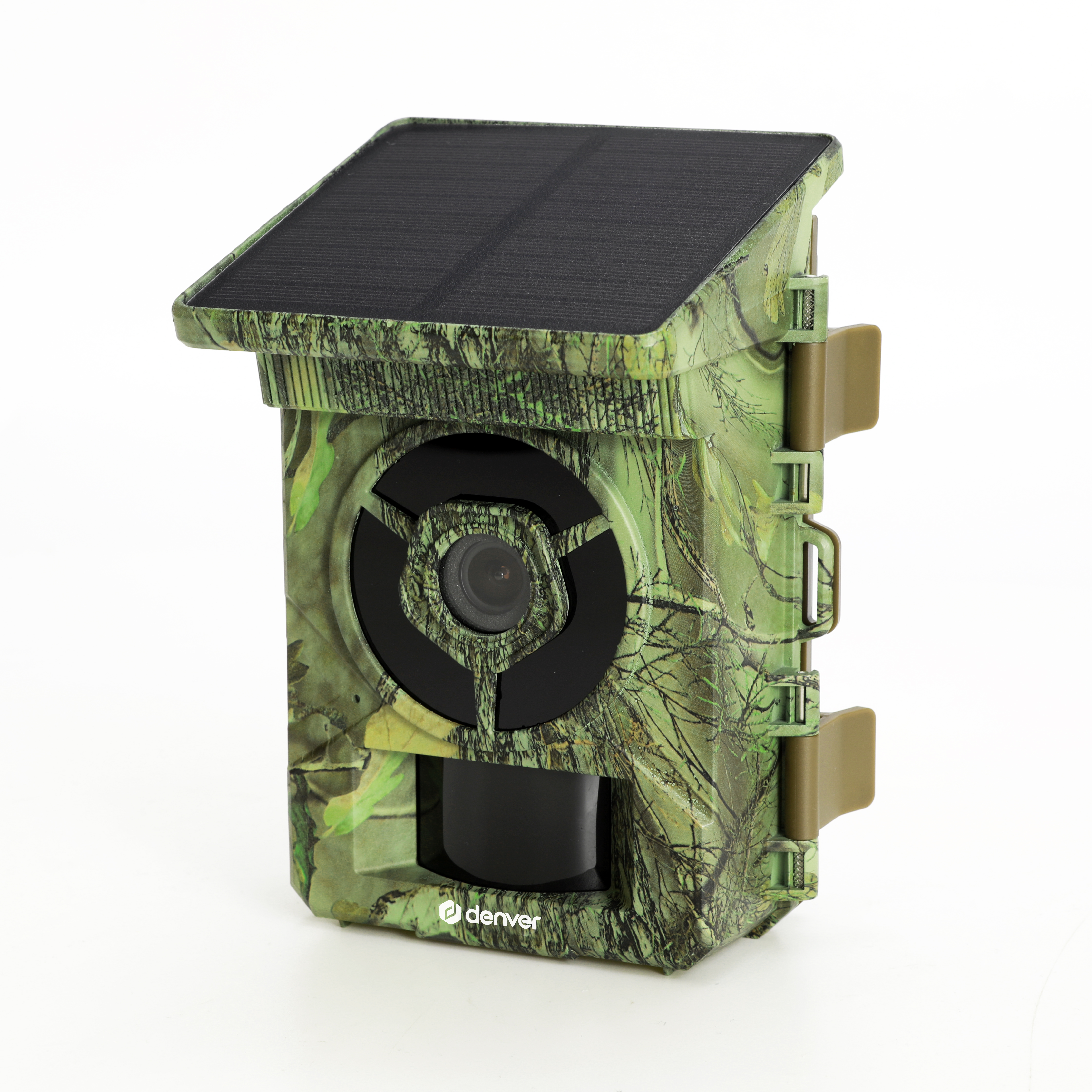 Eine Überwachungskamera mit Solarpanel und Tarnmuster.