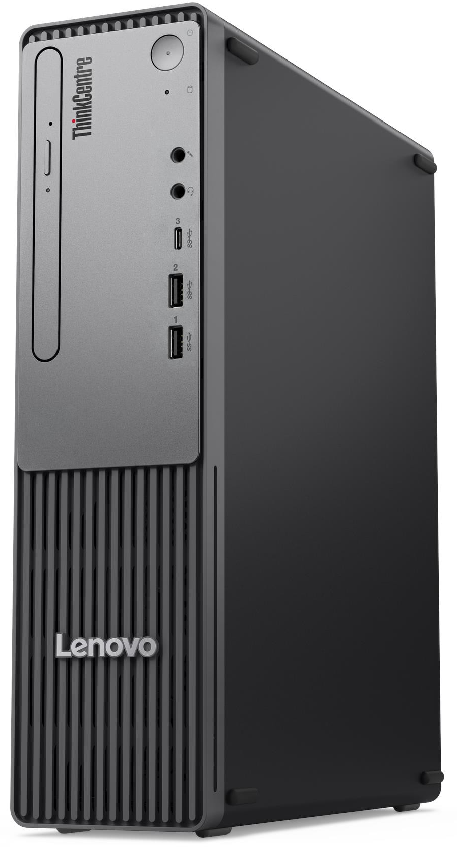 Szürke Lenovo ThinkCentre torony PC USB portokkal és szellőzőnyílásokkal.