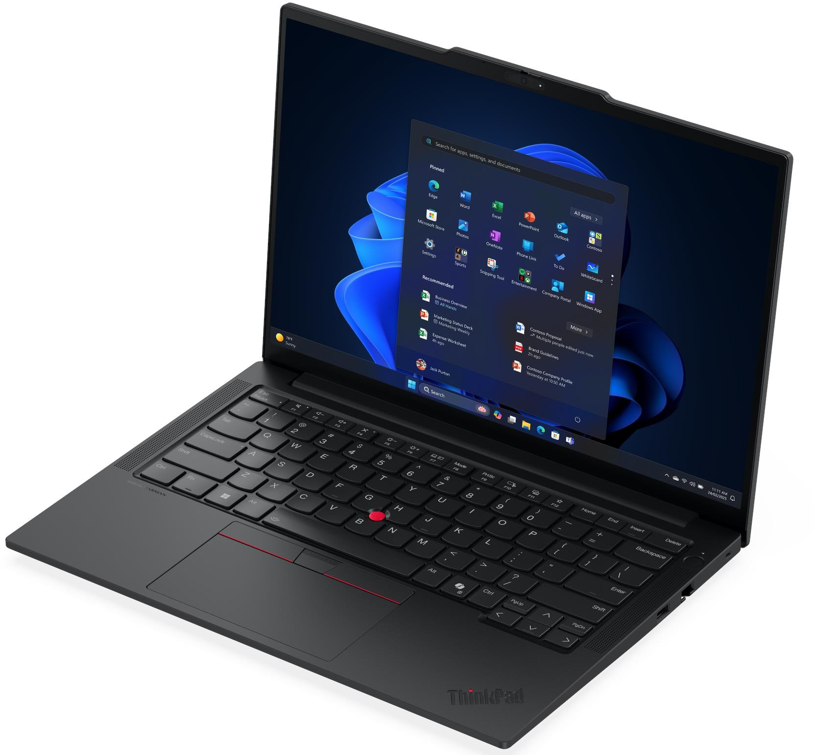 Fekete laptop világító billentyűzettel és Windows 11 Start menüvel.