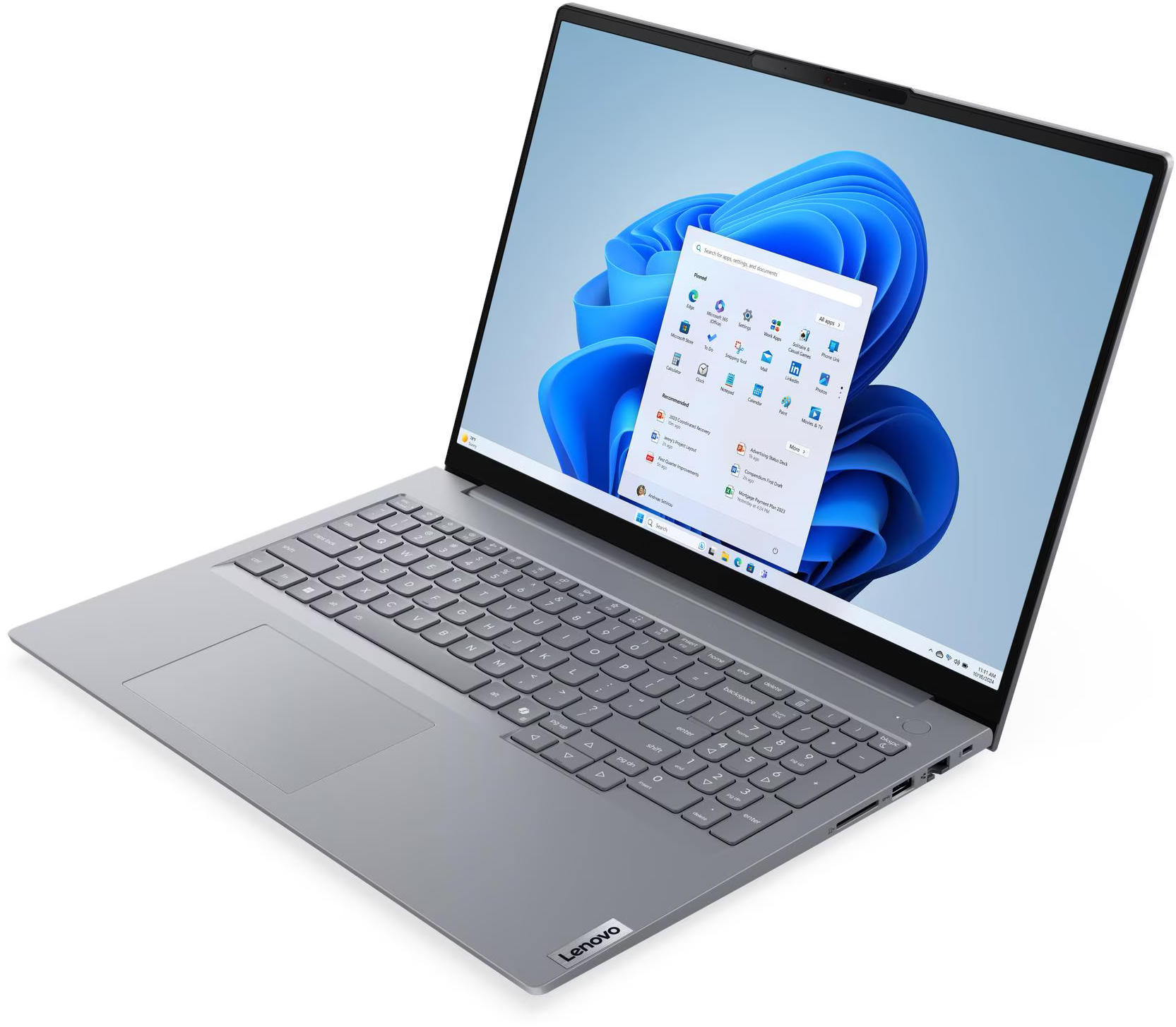 Ezüst Lenovo laptop Windows 11 indít menüvel a képernyőn.