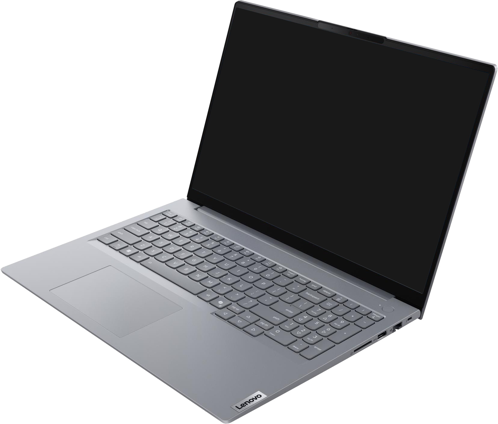 Egy szürke Lenovo laptop nyitott képernyővel és billentyűzettel.