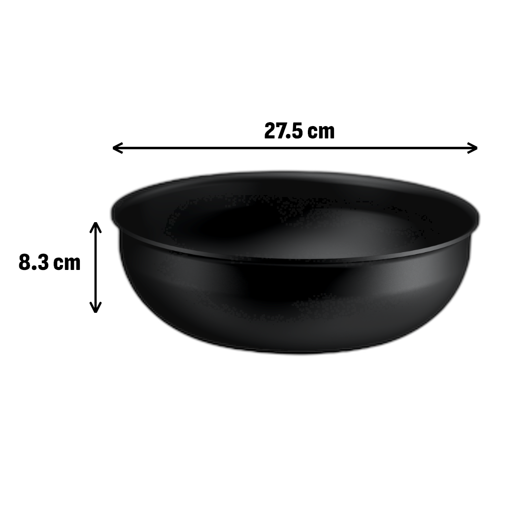 Fekete, kerek edény 27,5 cm átmérővel és 8,3 cm magassággal.