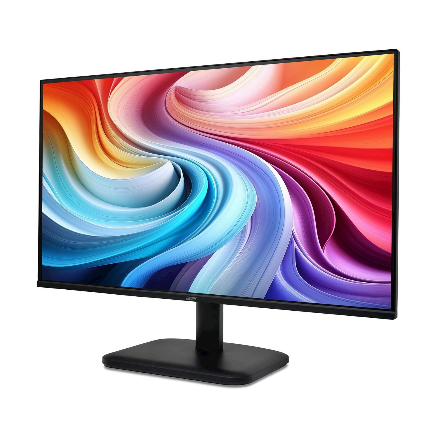 Monitor nero con uno sfondo astratto di onde colorate.
