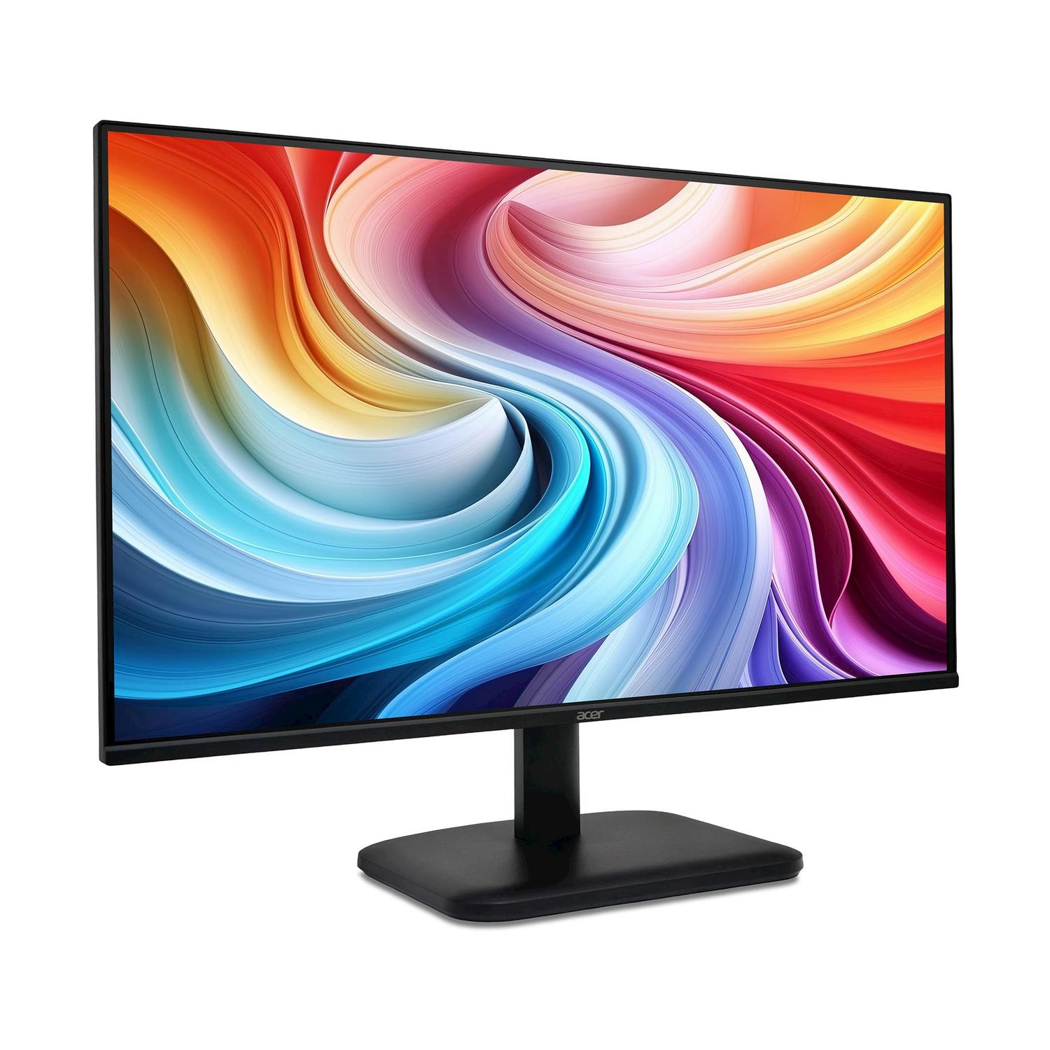 Un monitor di computer nero con uno sfondo colorato e vorticoso sullo schermo.