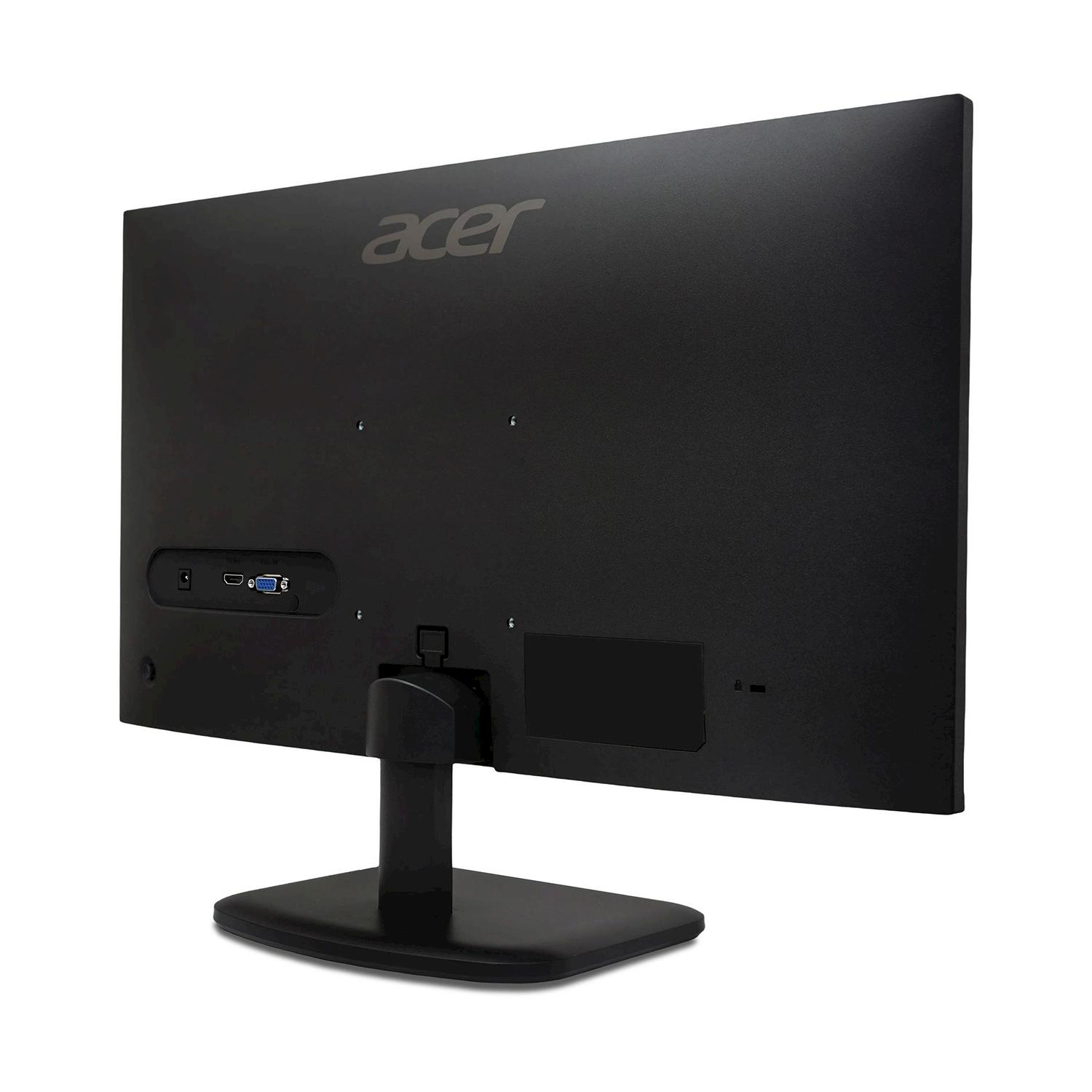 Retro di un monitor Acer nero con porte e supporto. Sfondo bianco.