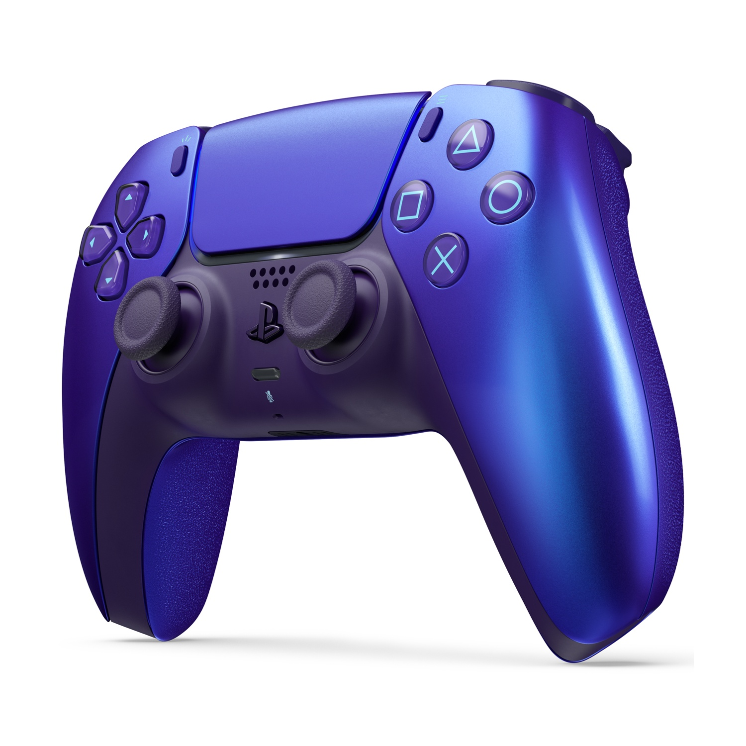 Un controller viola e blu con due joystick e pulsanti.