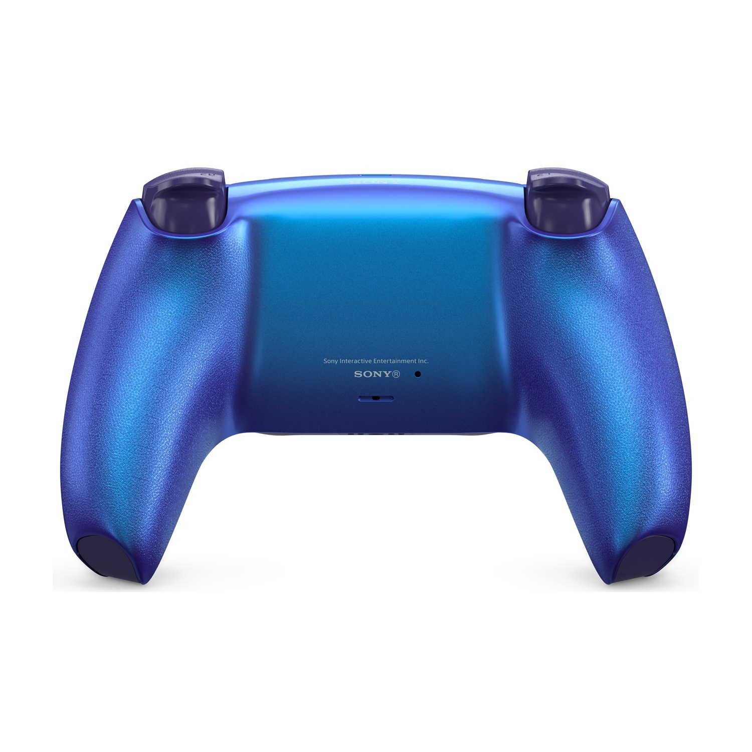 Controller blu con finitura metallica, rivolto verso l'alto, su sfondo bianco.