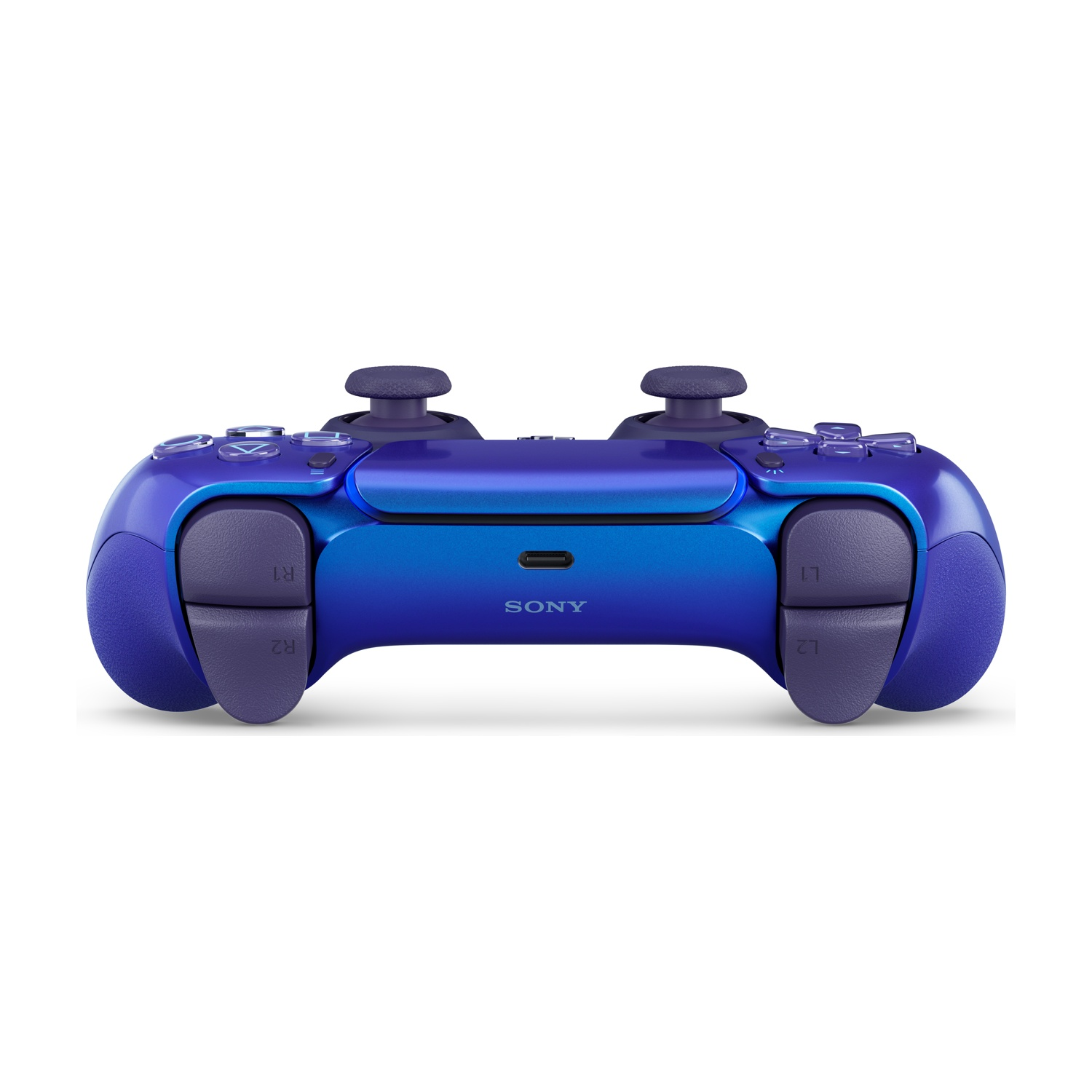 Controller da gioco blu e viola con pulsanti e joystick argentati.