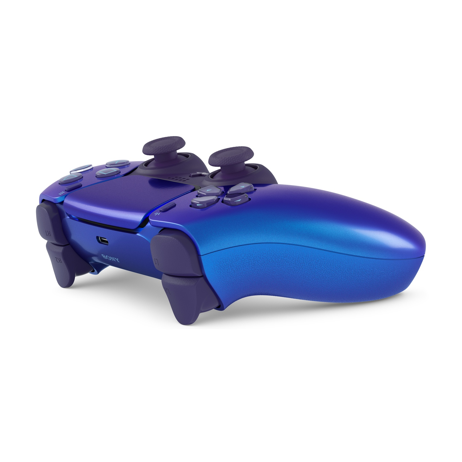 Un controller DualSense viola e blu, incentrato sui pulsanti.