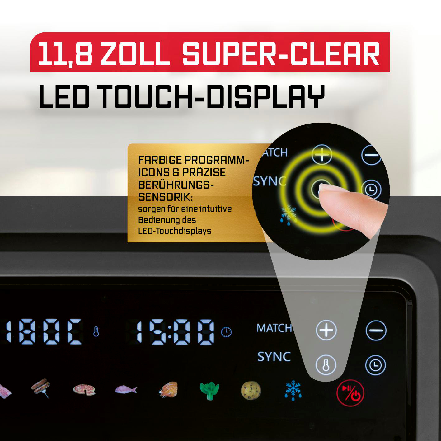 Nahaufnahme eines Fingerdrucks auf ein LED-Touchdisplay mit Symbolen und Zahlen.