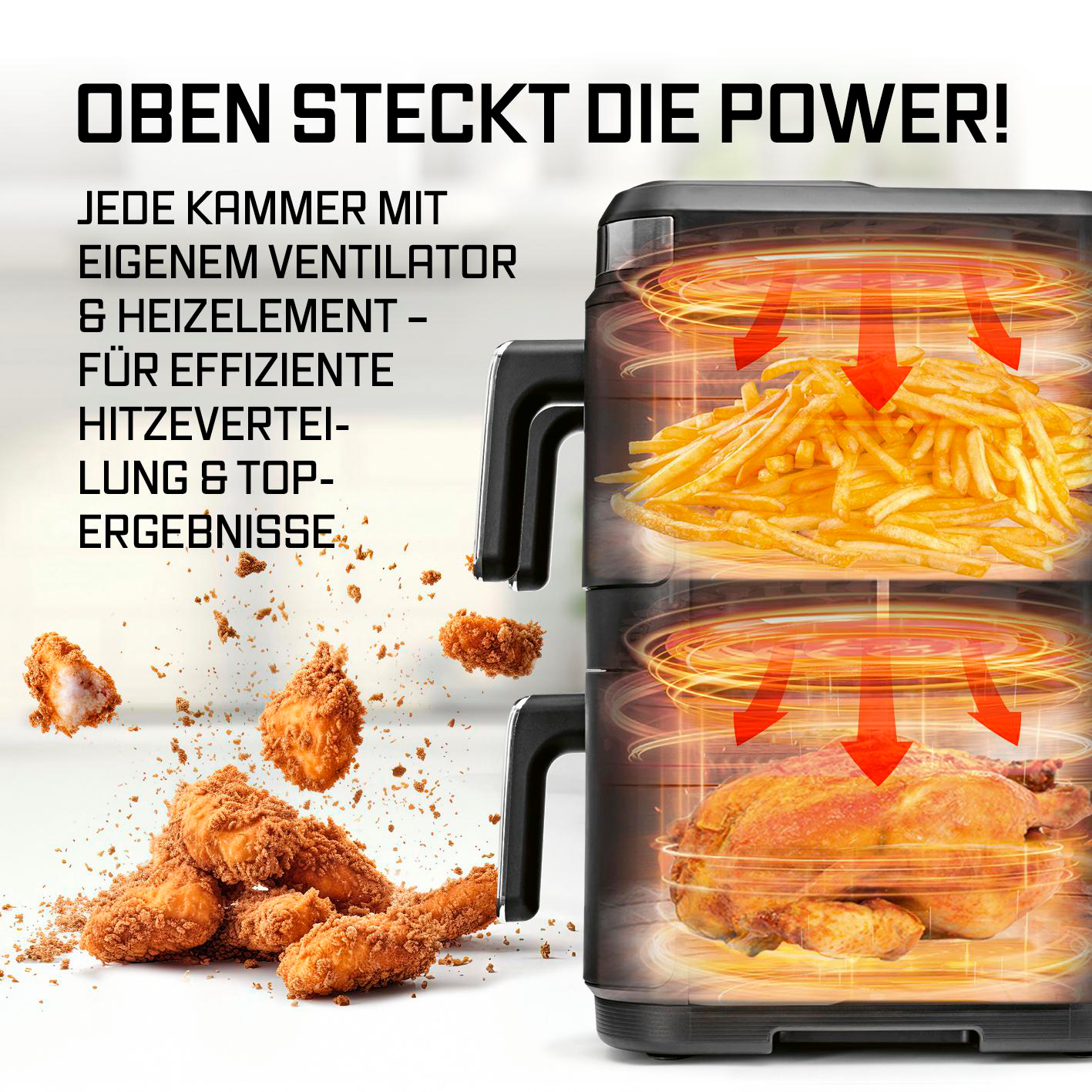 Ein Airfryer mit Pommes oben und Brathähnchen unten, von roten Pfeilen umgeben.