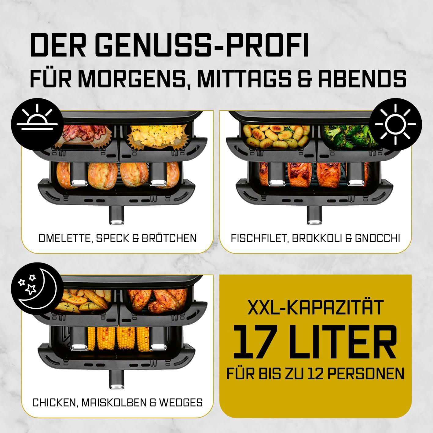 Ein Gerät mit drei Ebenen für verschiedene Mahlzeiten: Omelett, Fisch, Hähnchen.