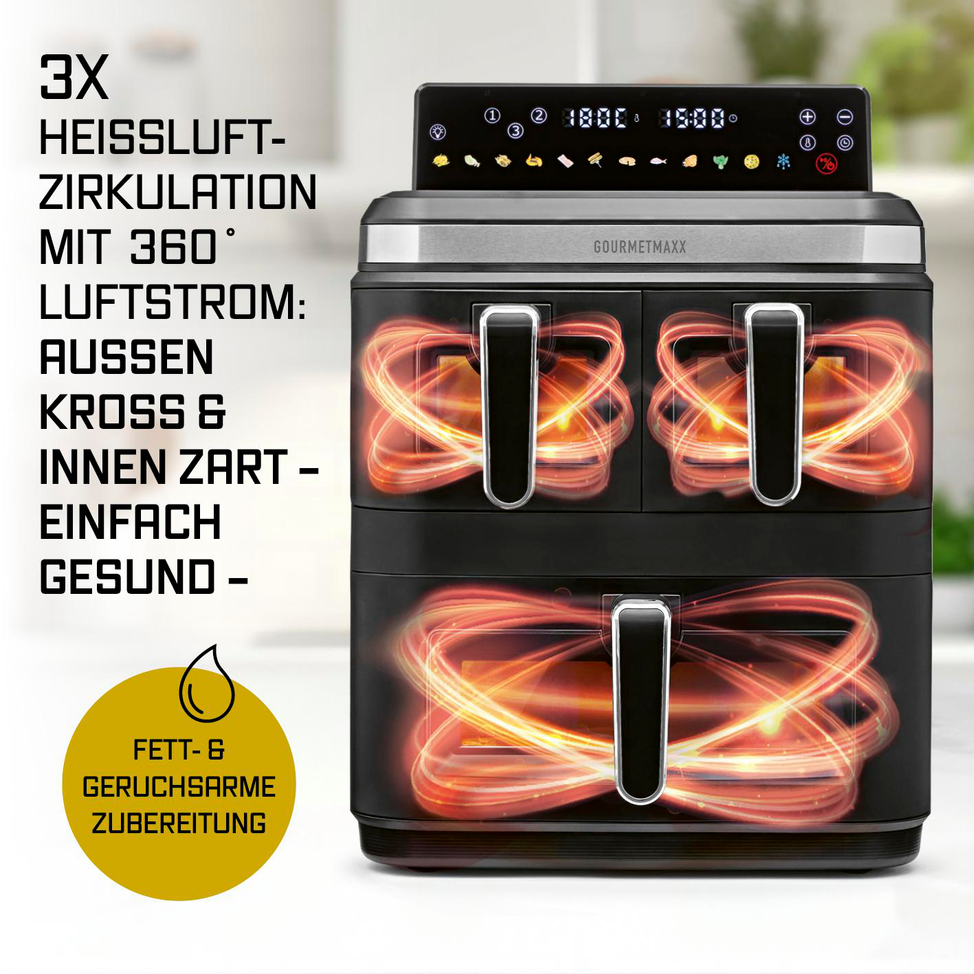 Eine schwarze Heißluftfritteuse mit zwei Körben und Digitalanzeige, zeigt heiße Luftzirkulation.