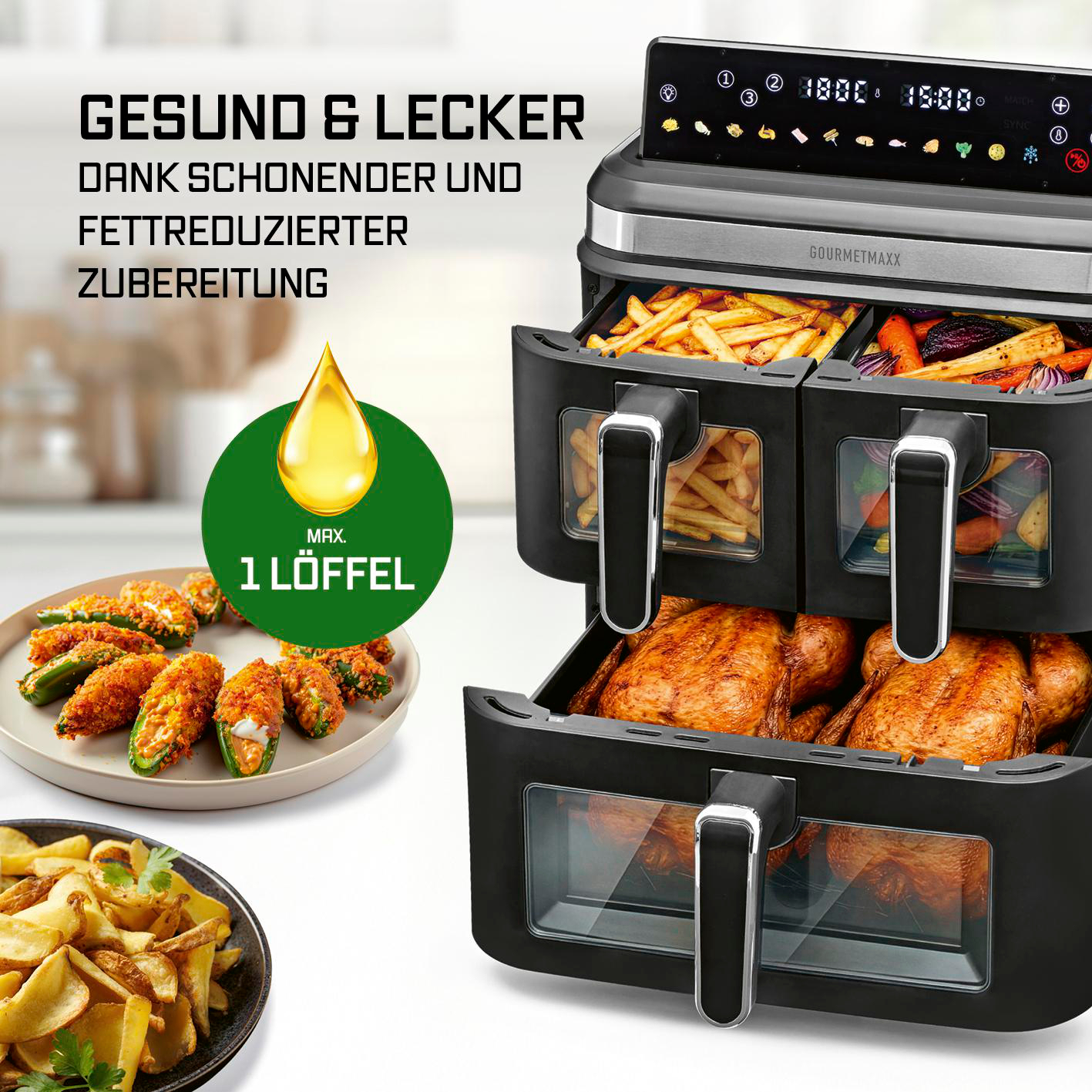 Doppelte Heißluftfritteuse mit Hähnchen, Pommes, Jalapeños und Gemüse.