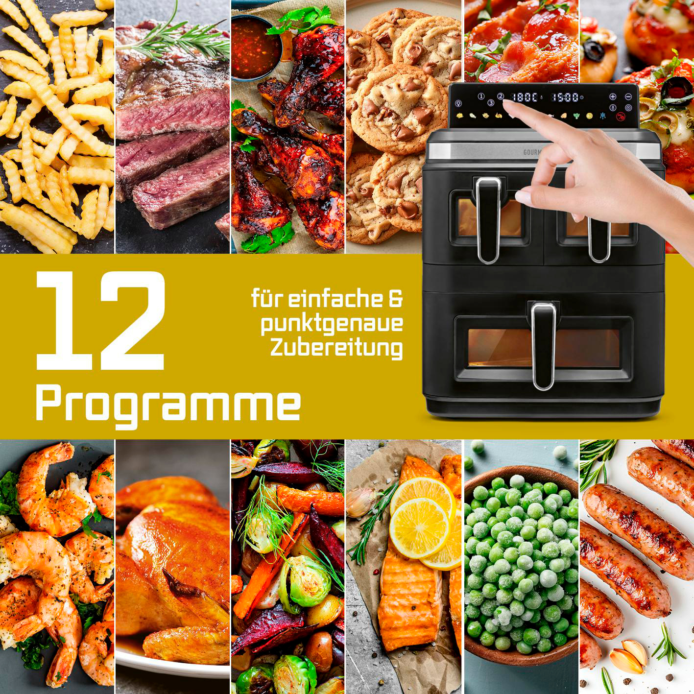 Collage von Speisen und einer Heißluftfritteuse mit Text '12 Programme'.