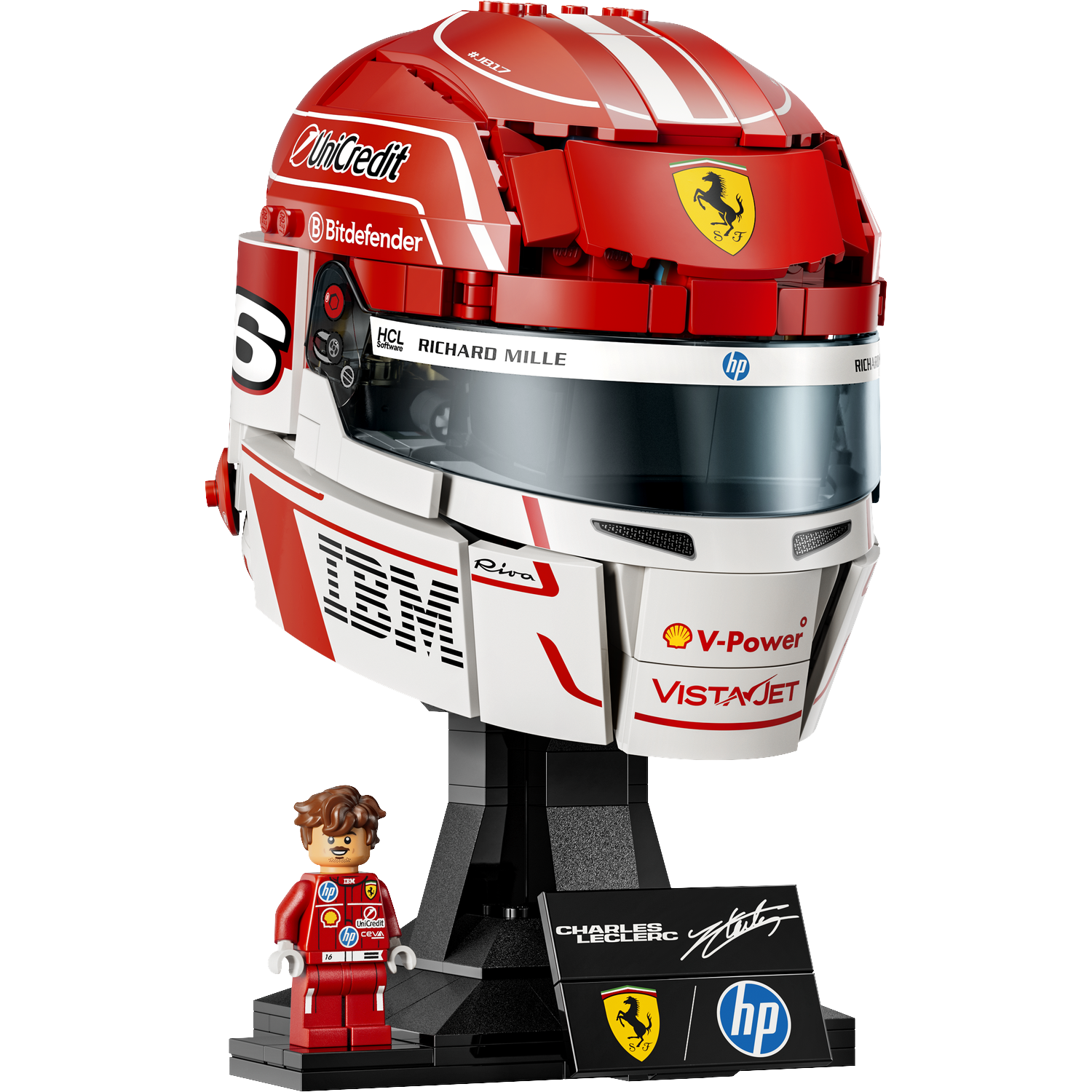 Een rode Lego racehelm met standaard en minifiguur.