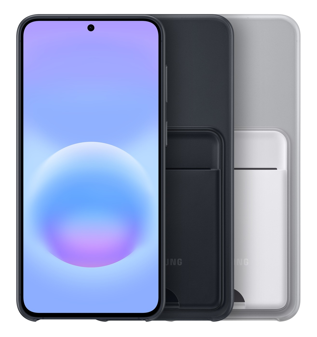 Smartfon z niebiesko-fioletowym tłem i trzema etui na telefon.