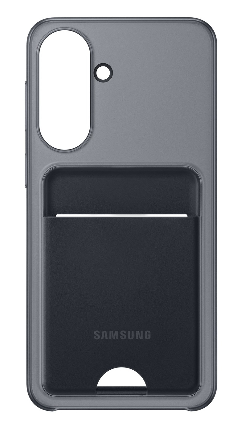Szara obudowa na telefon z miejscem na kartę i logo Samsung.