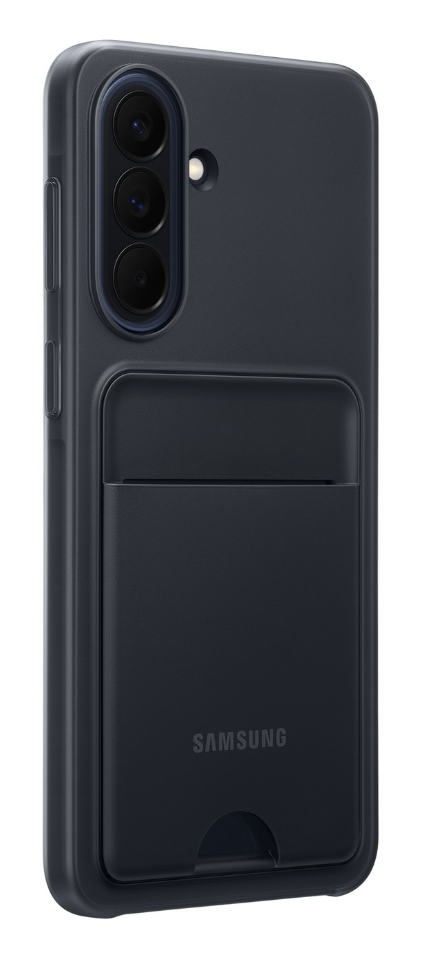 Granatowe etui na telefon z miejscem na karty i potrójnym wycięciem na aparat.
