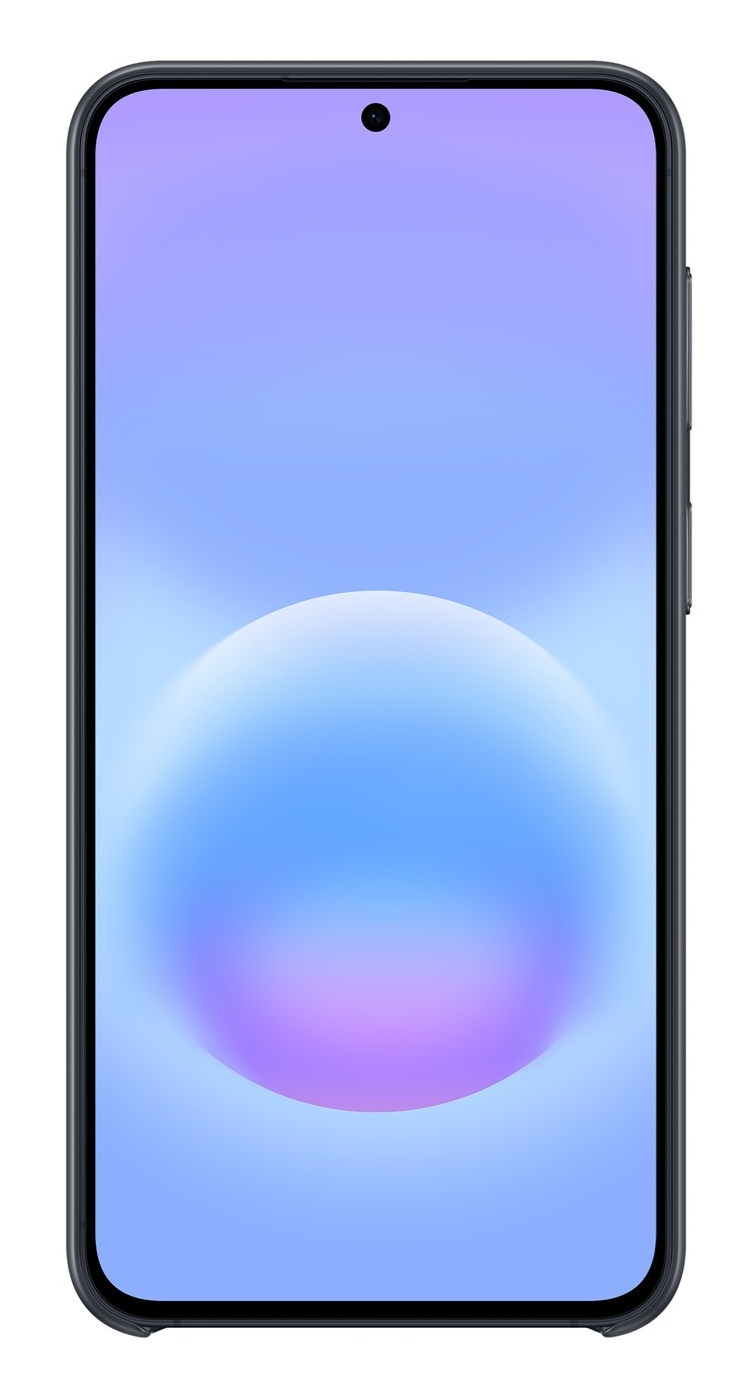 Szary smartfon wyświetlający niebiesko-fioletowy abstrakcyjny obraz tła.