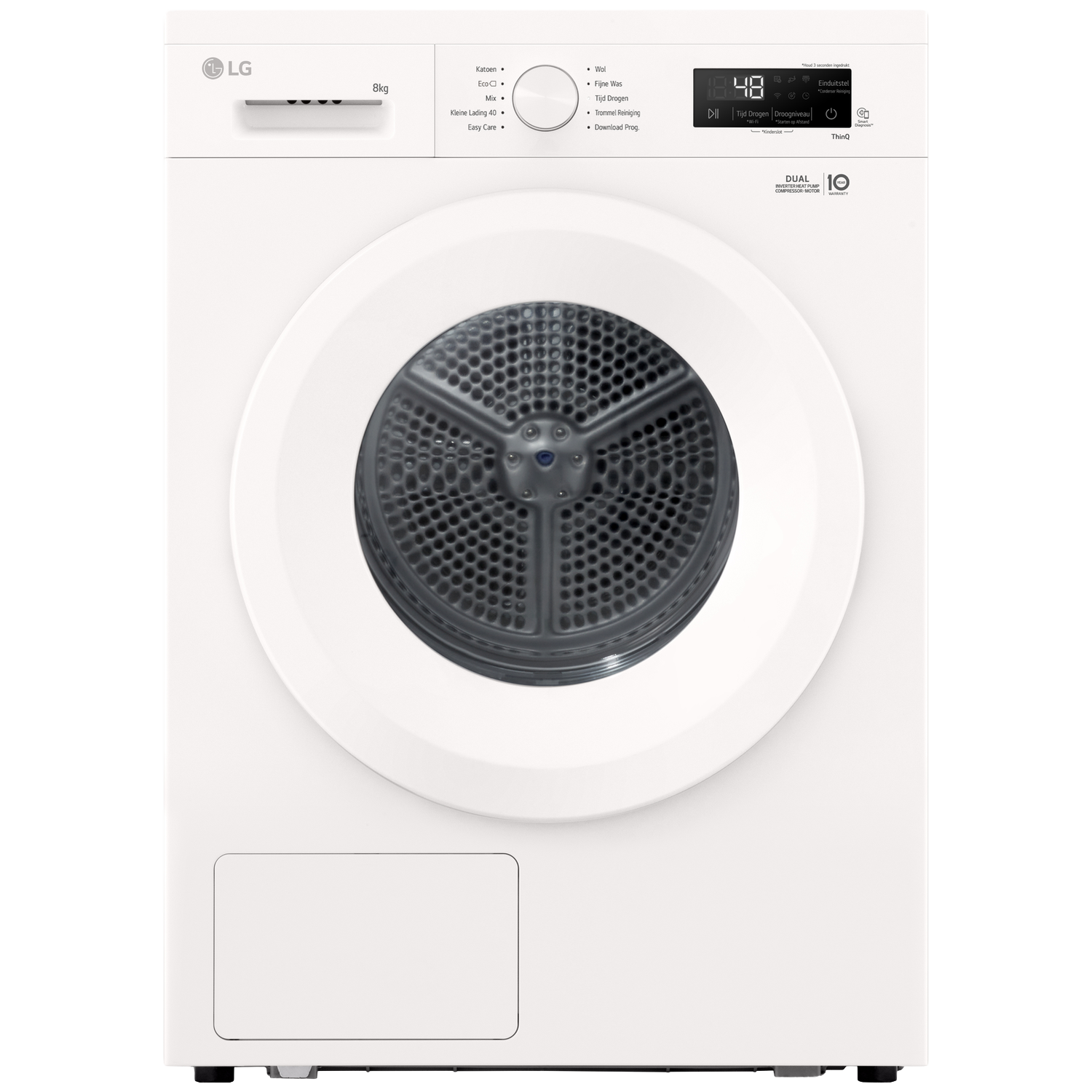Un sèche-linge LG blanc avec écran numérique et porte ronde.