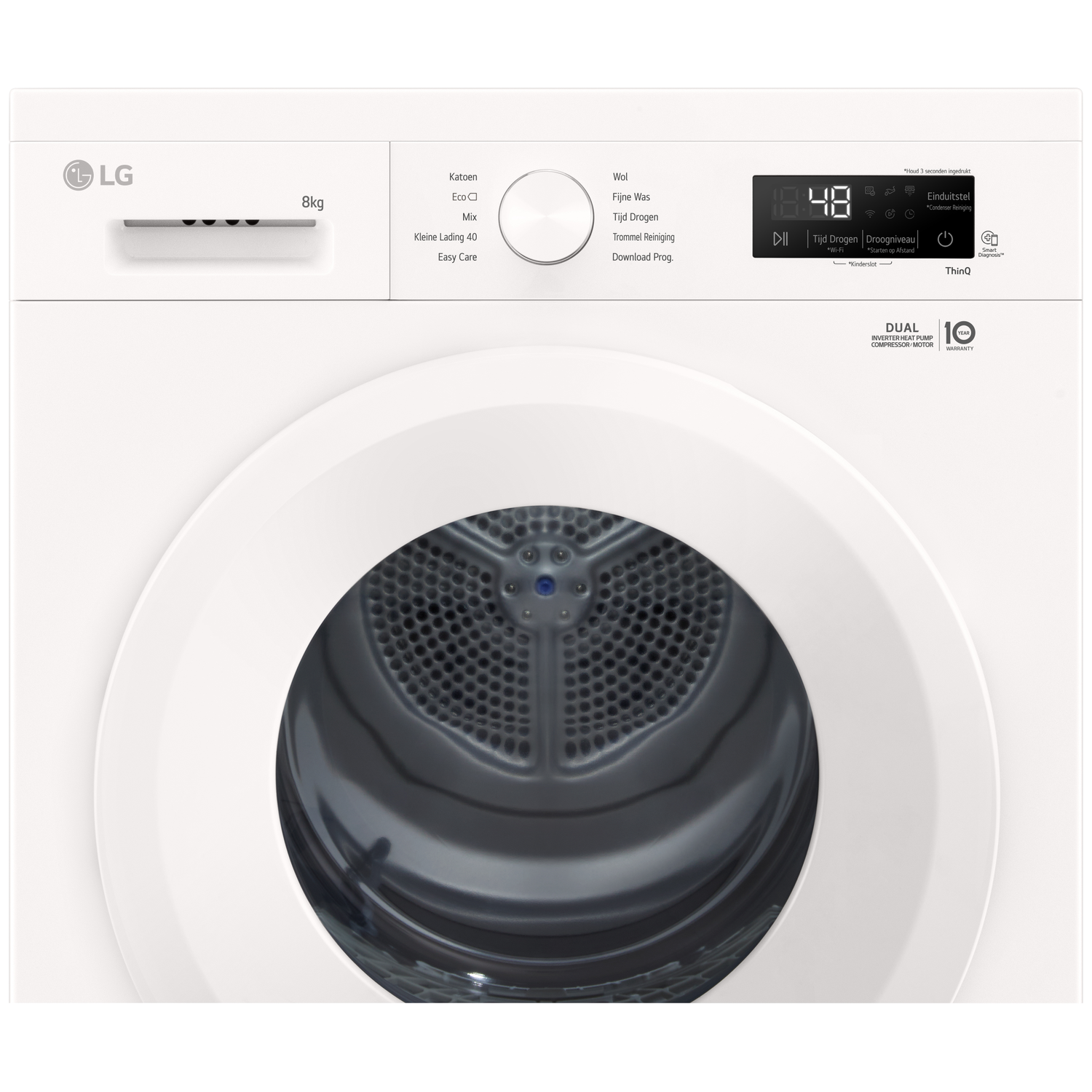 Sèche-linge LG blanc avec écran, capacité 8 kg et porte ronde.