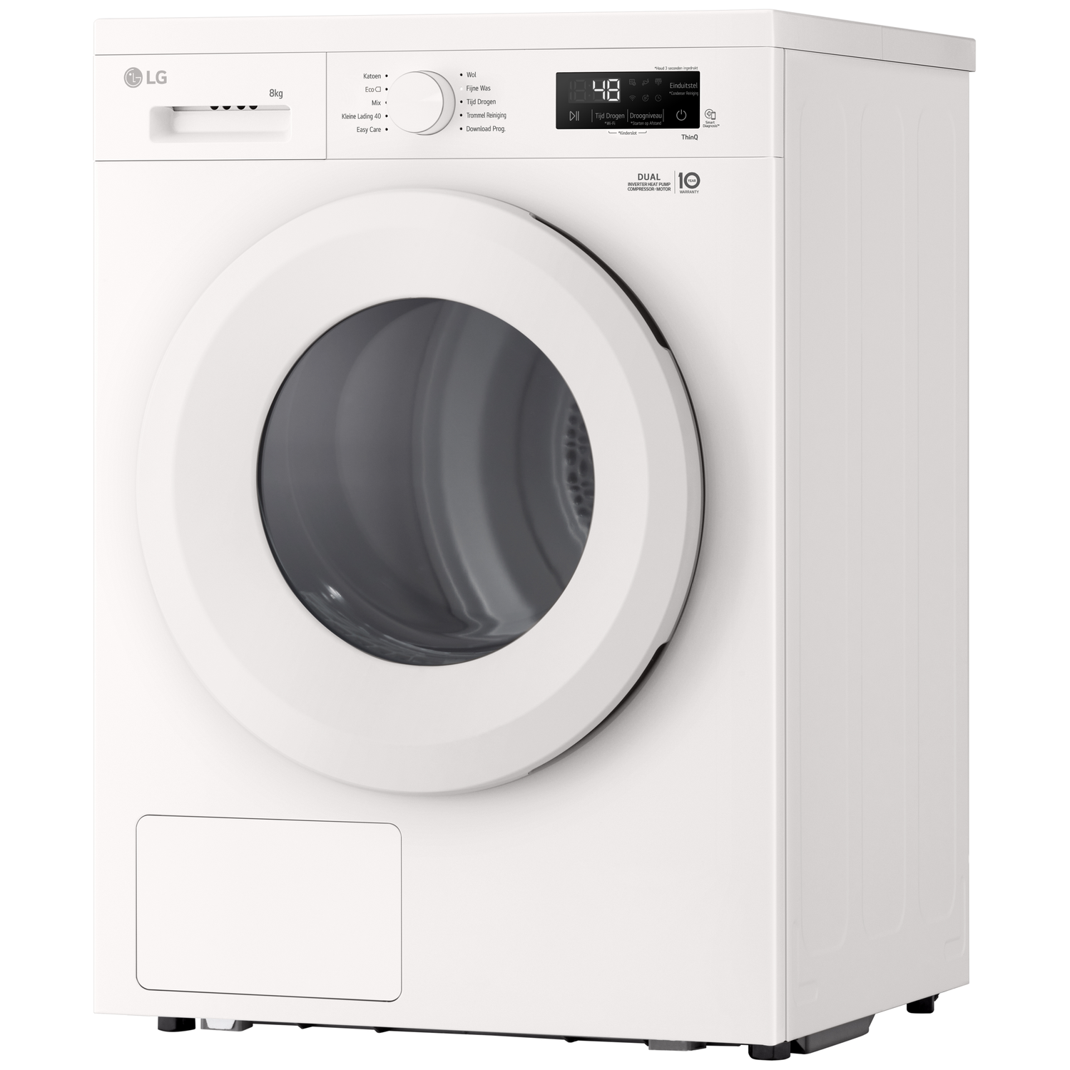 Sèche-linge LG blanc avec porte ronde et panneau de commande numérique.